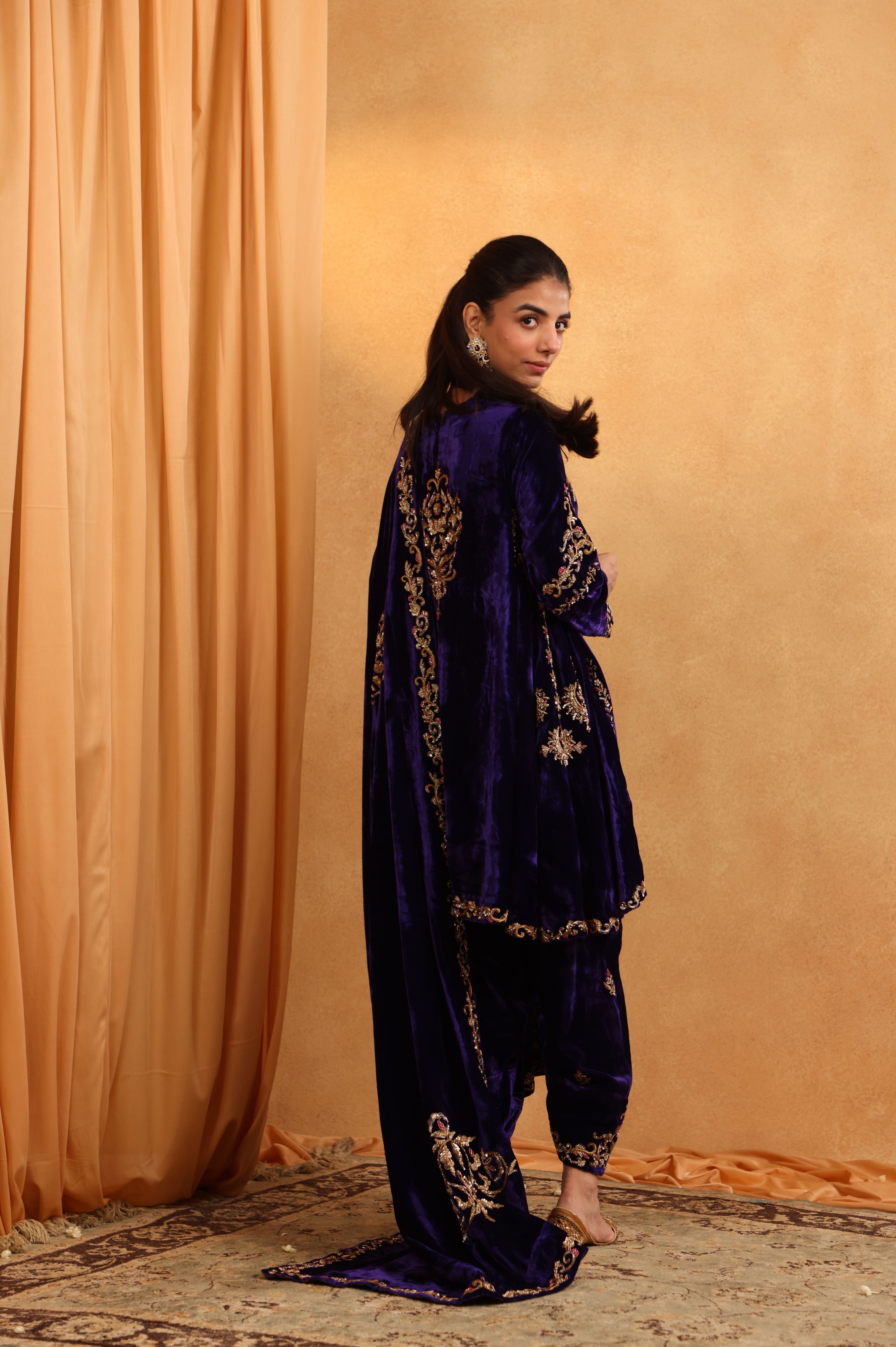 Purple Velvet Short Shirt & Salwar Set