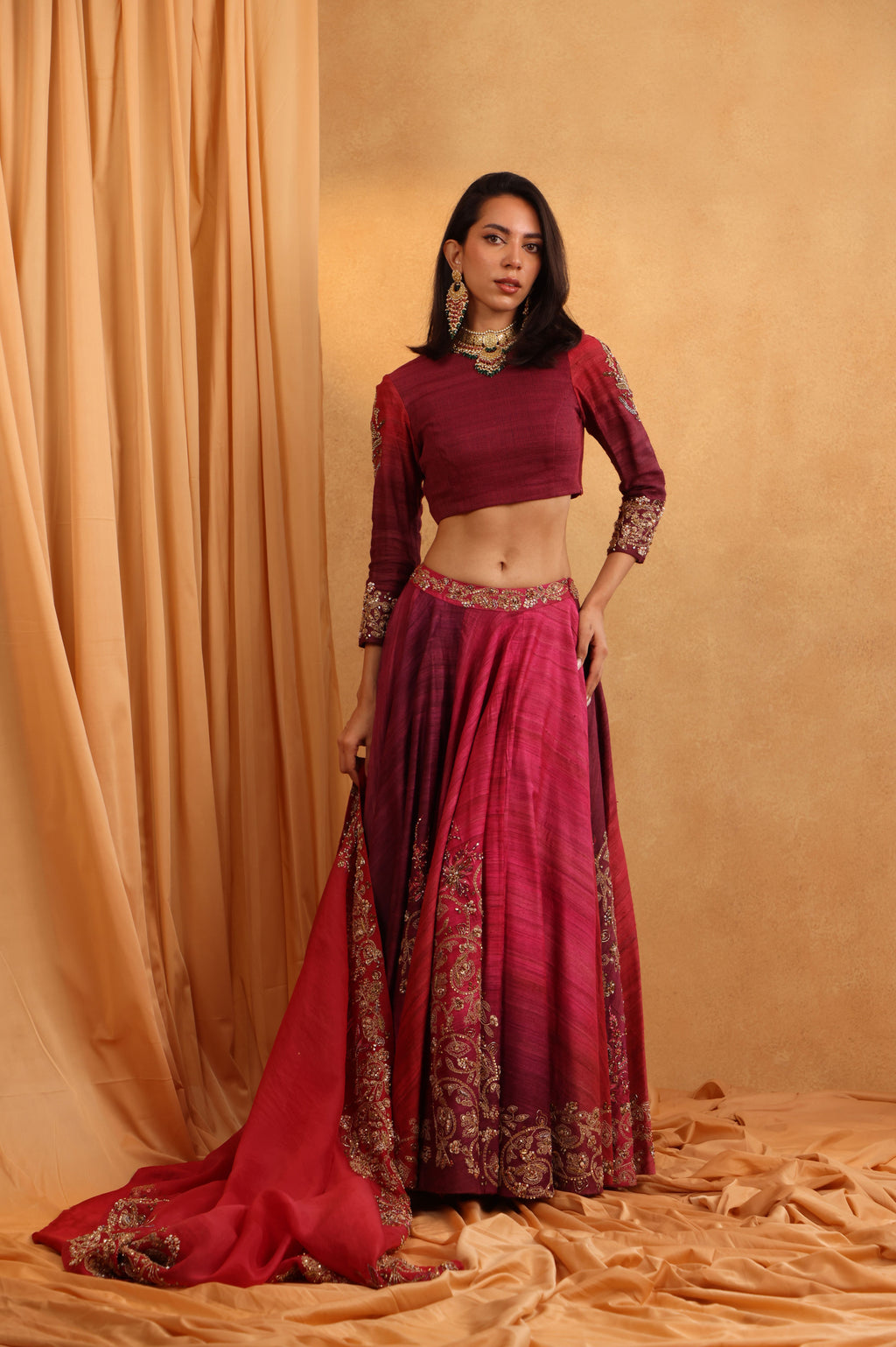 Ombre Burgundy Zardozi Lehenga Set