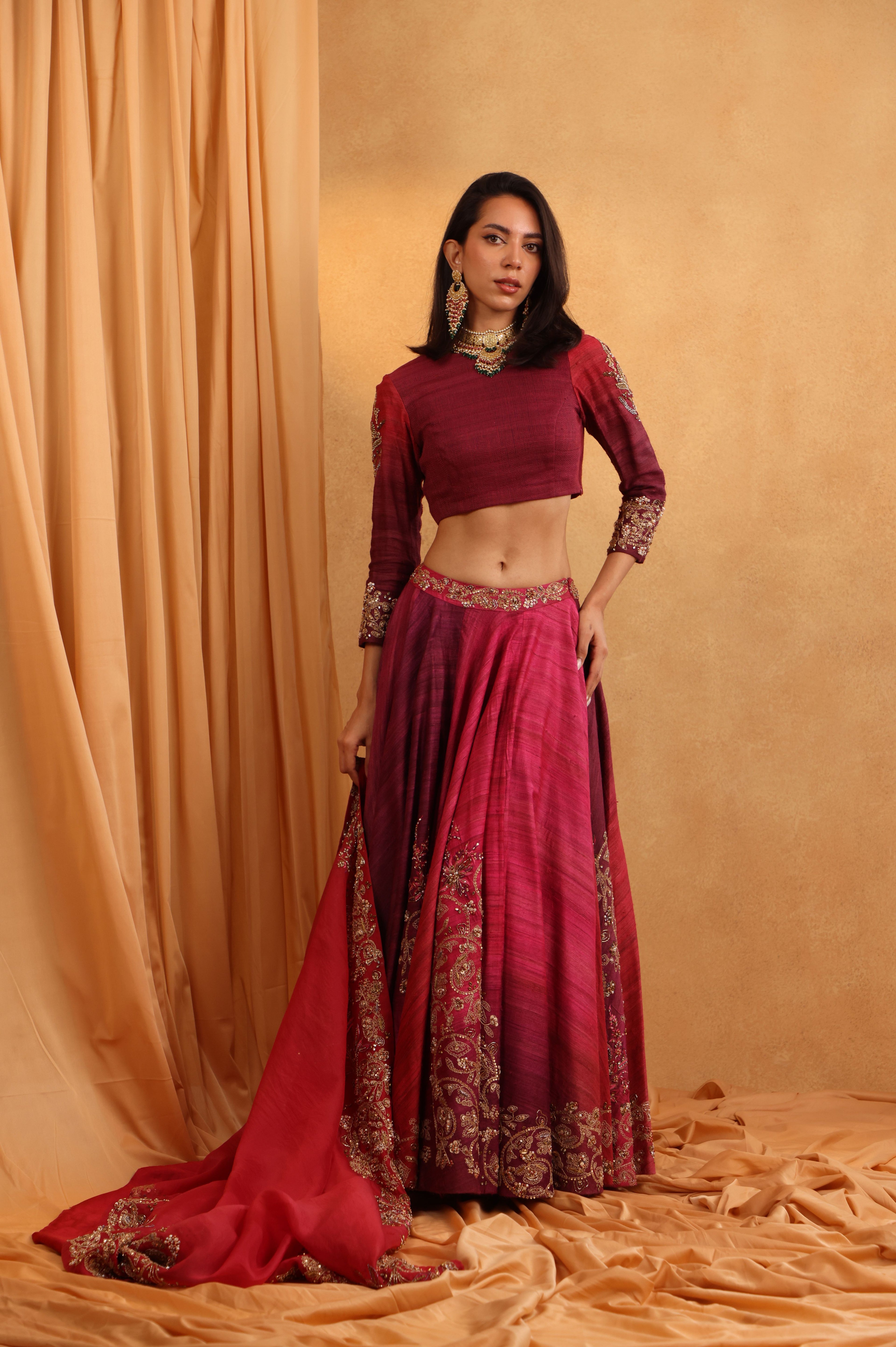 Ombre Burgundy Zardozi Lehenga Set
