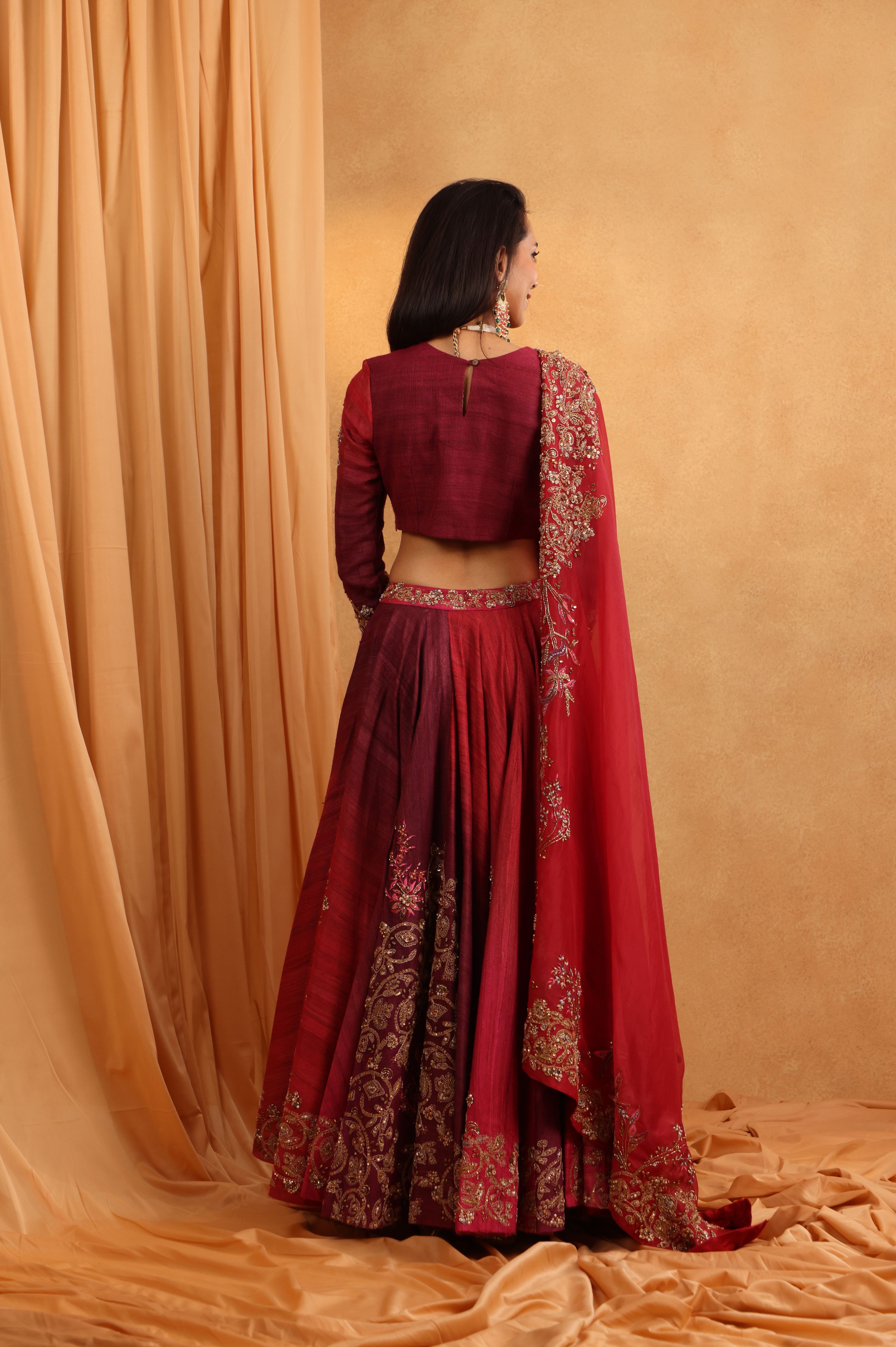 Ombre Burgundy Zardozi Lehenga Set