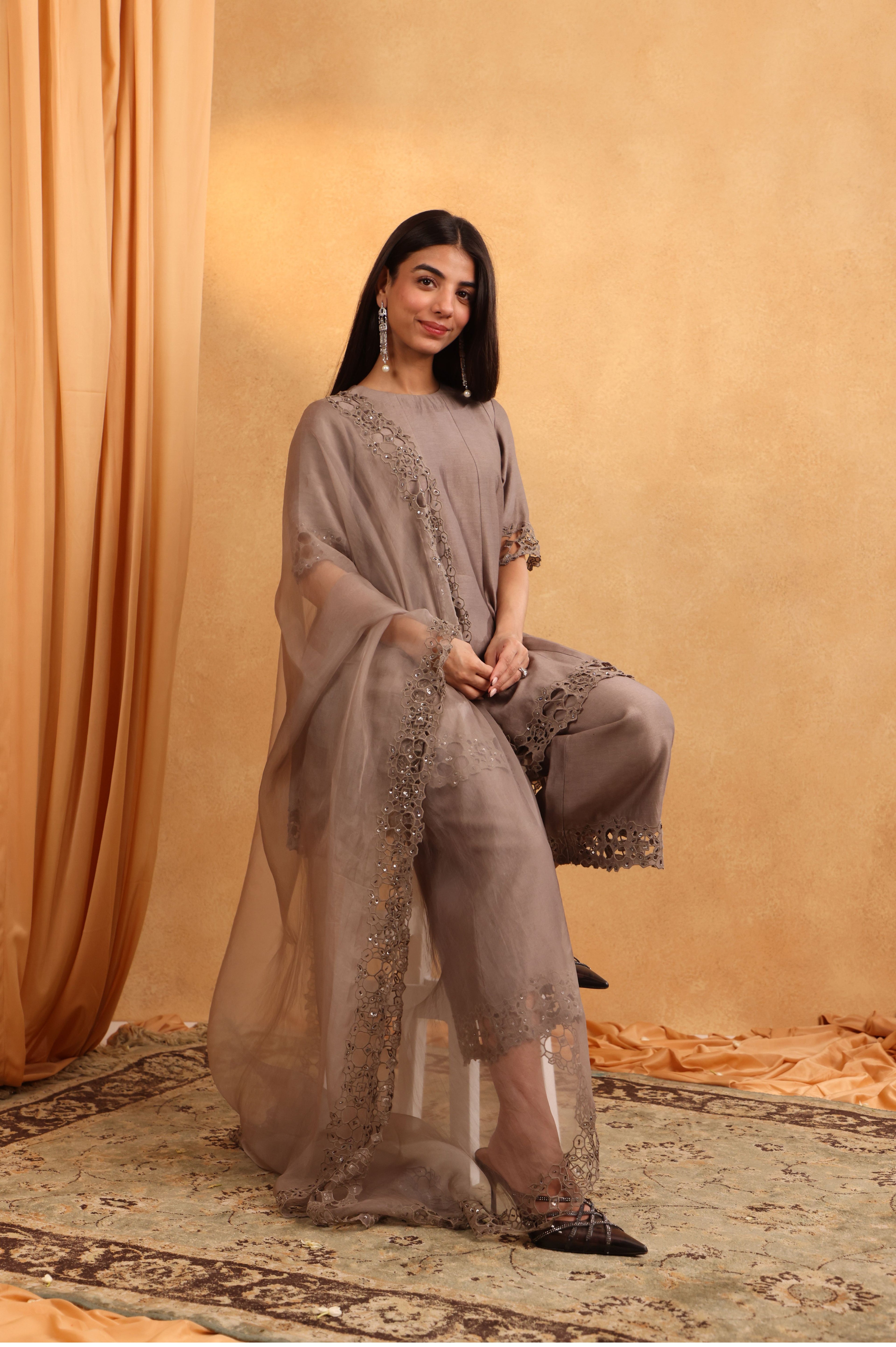 Dark Grey Chanderi Shirt Set