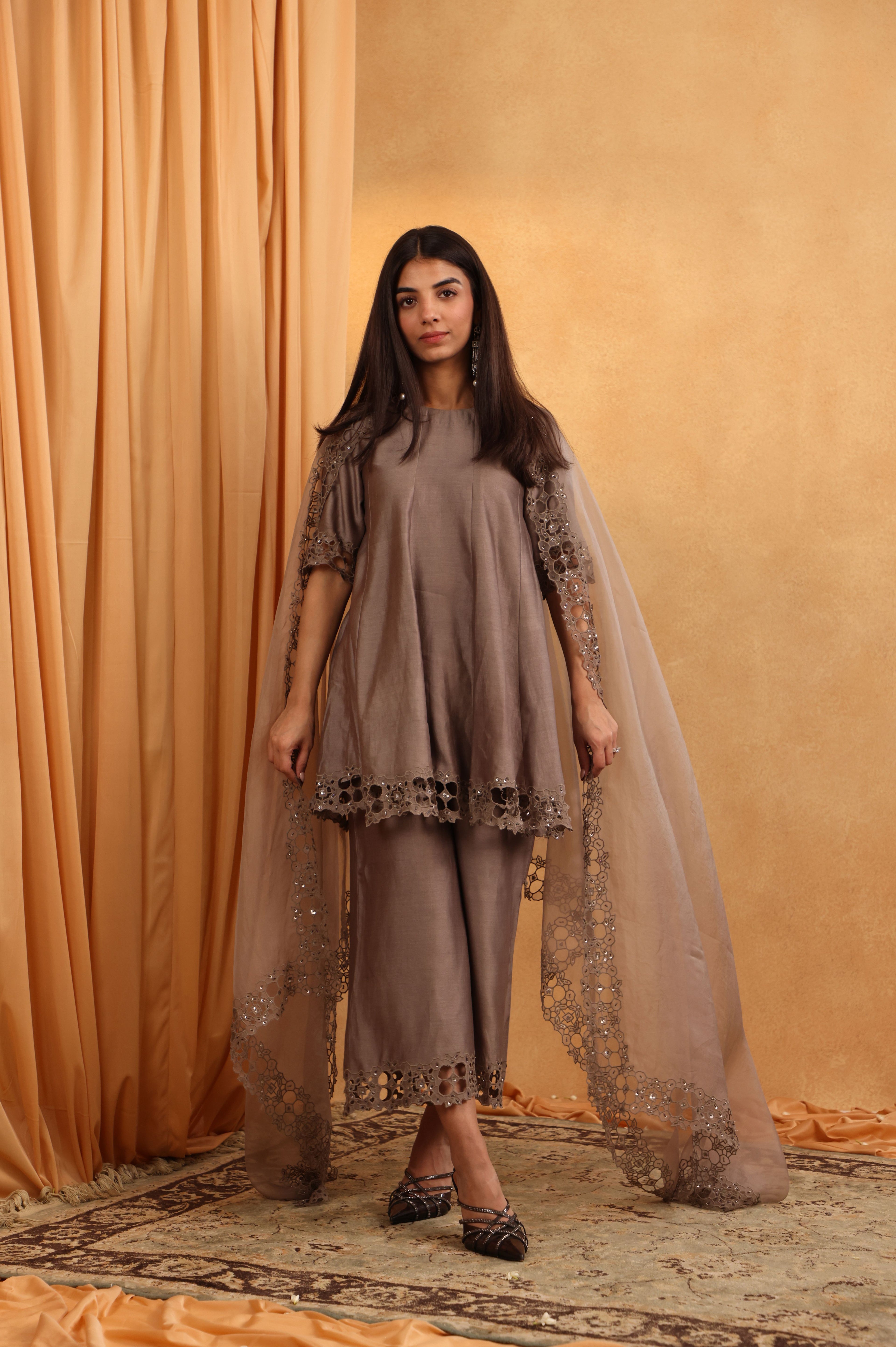 Dark Grey Chanderi Shirt Set