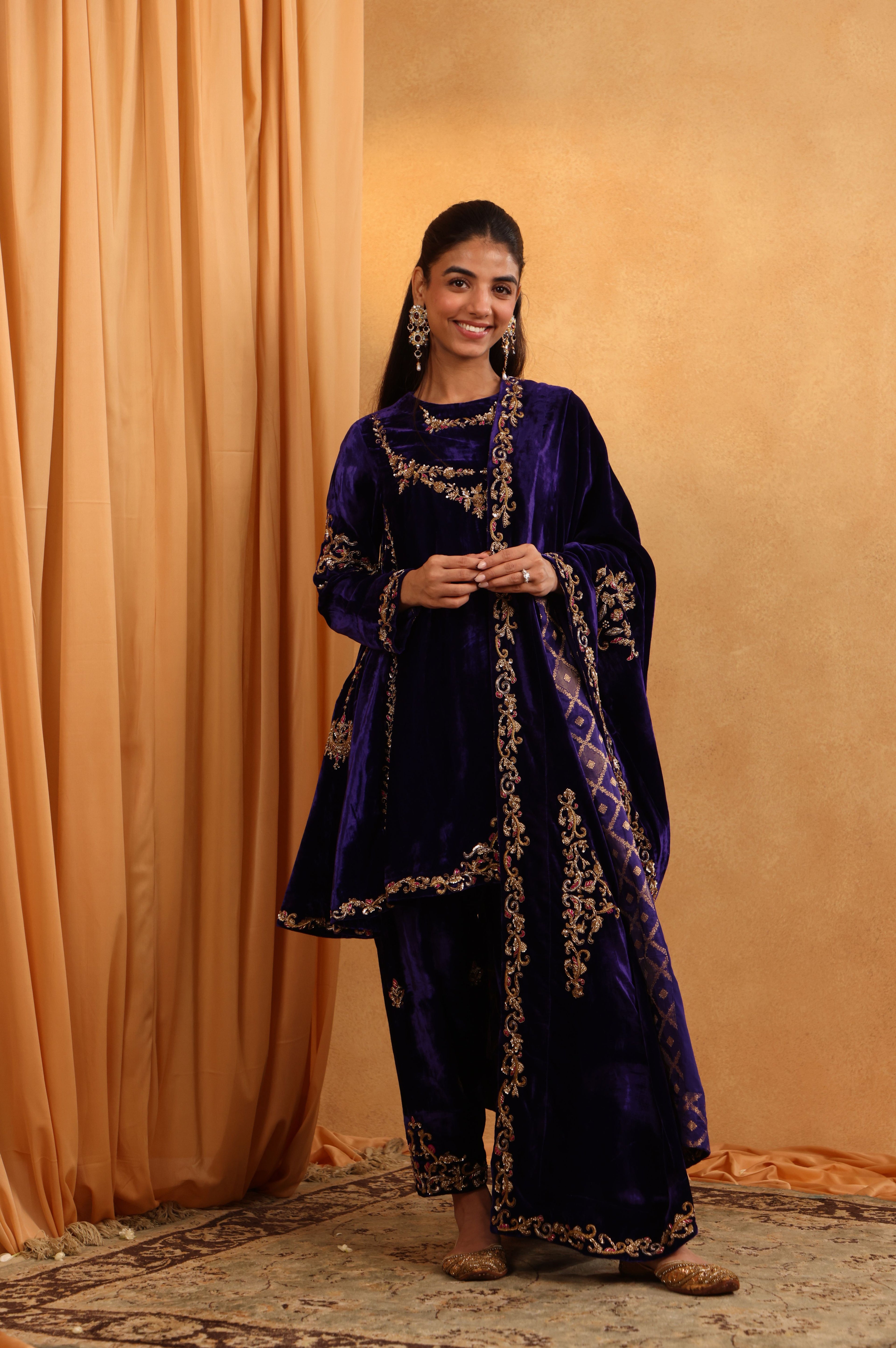 Purple Velvet Short Shirt & Salwar Set