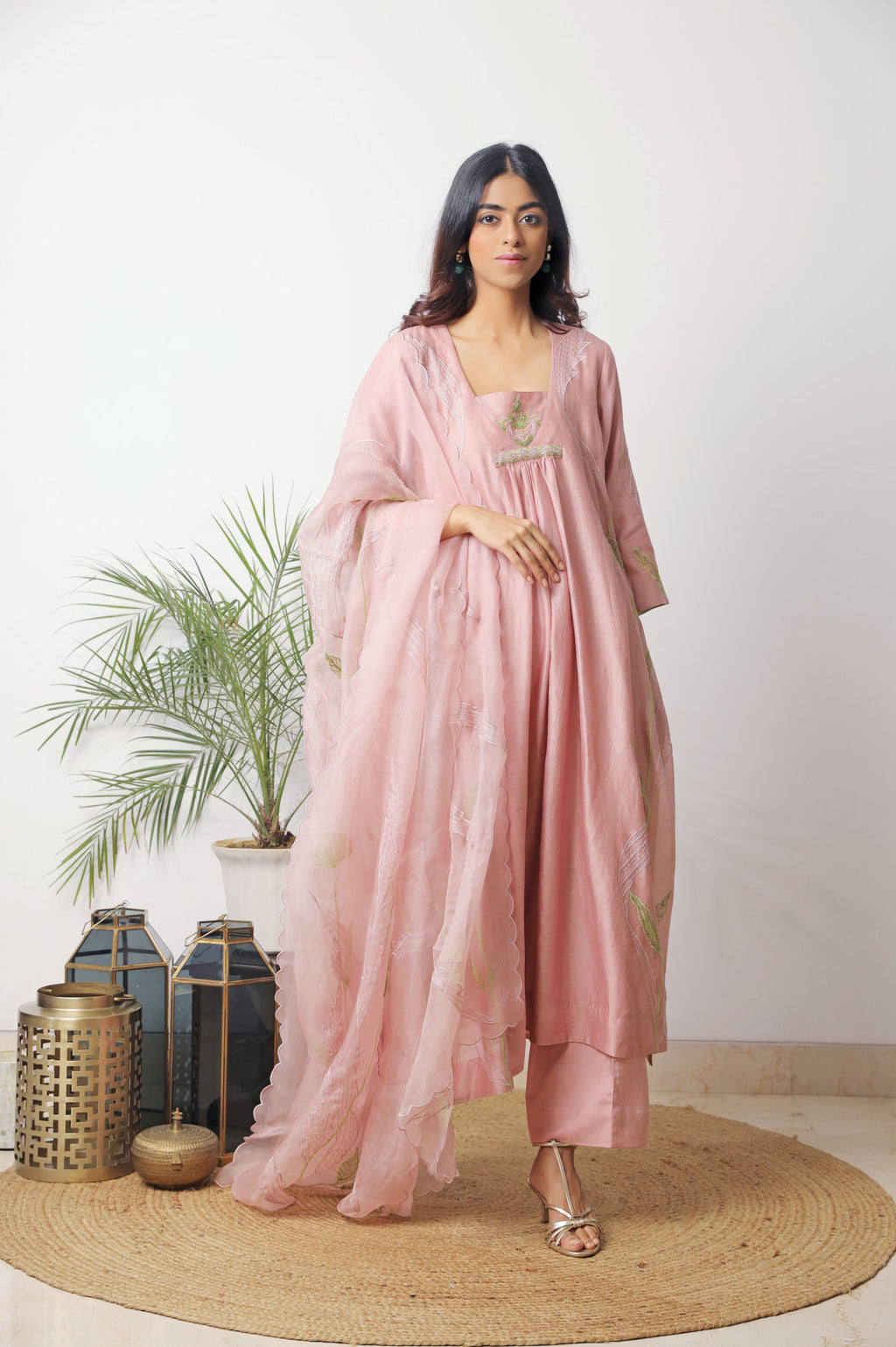 Pink Chanderi Embroidered Kurta Set