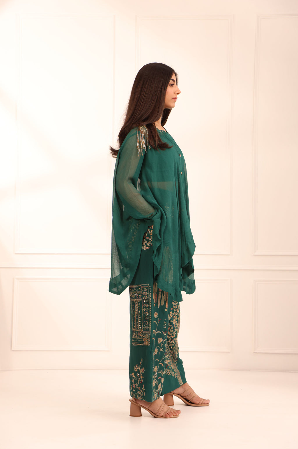 Dark Green Silk Crop Top Set