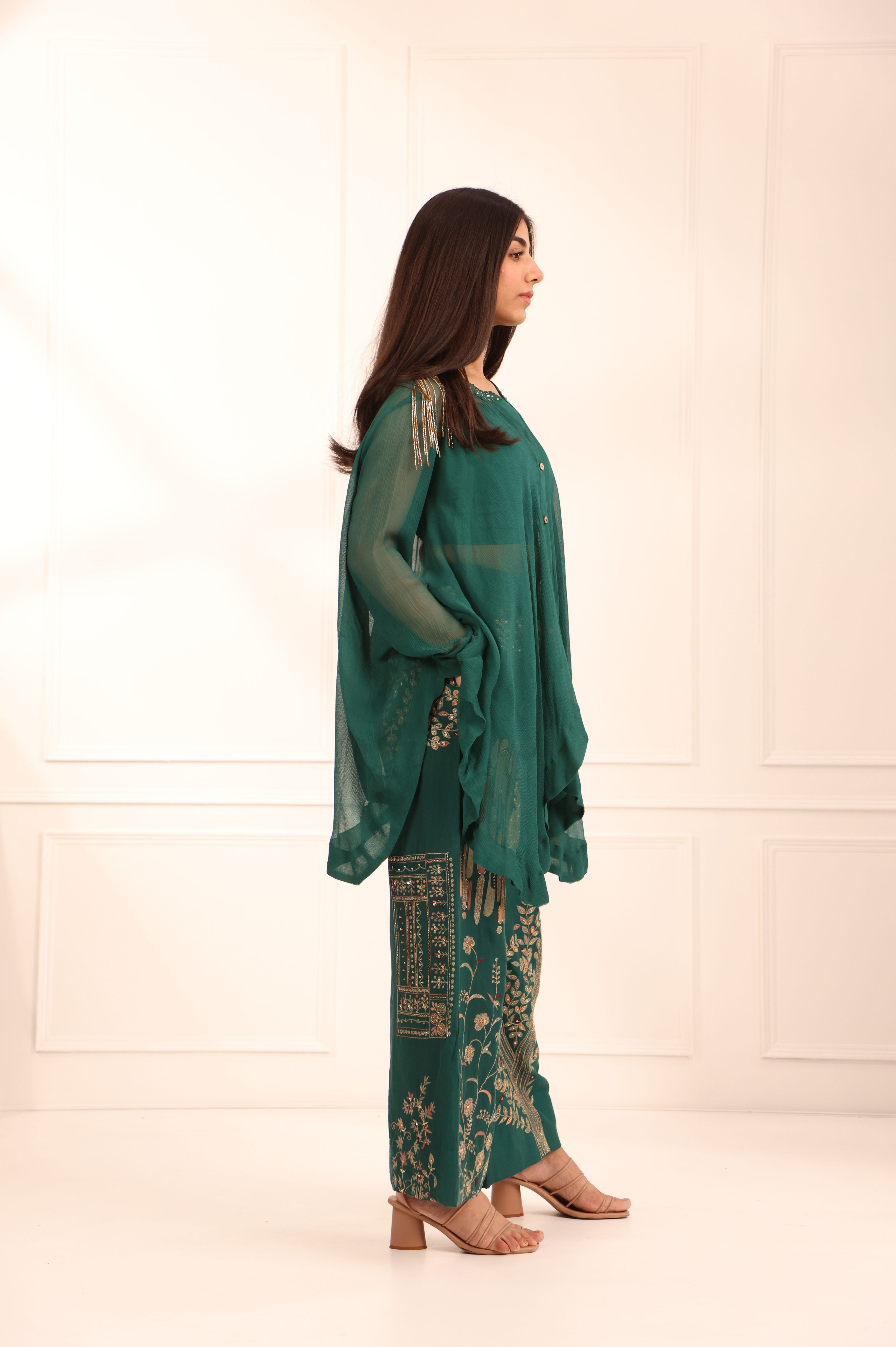 Dark Green Silk Crop Top Set