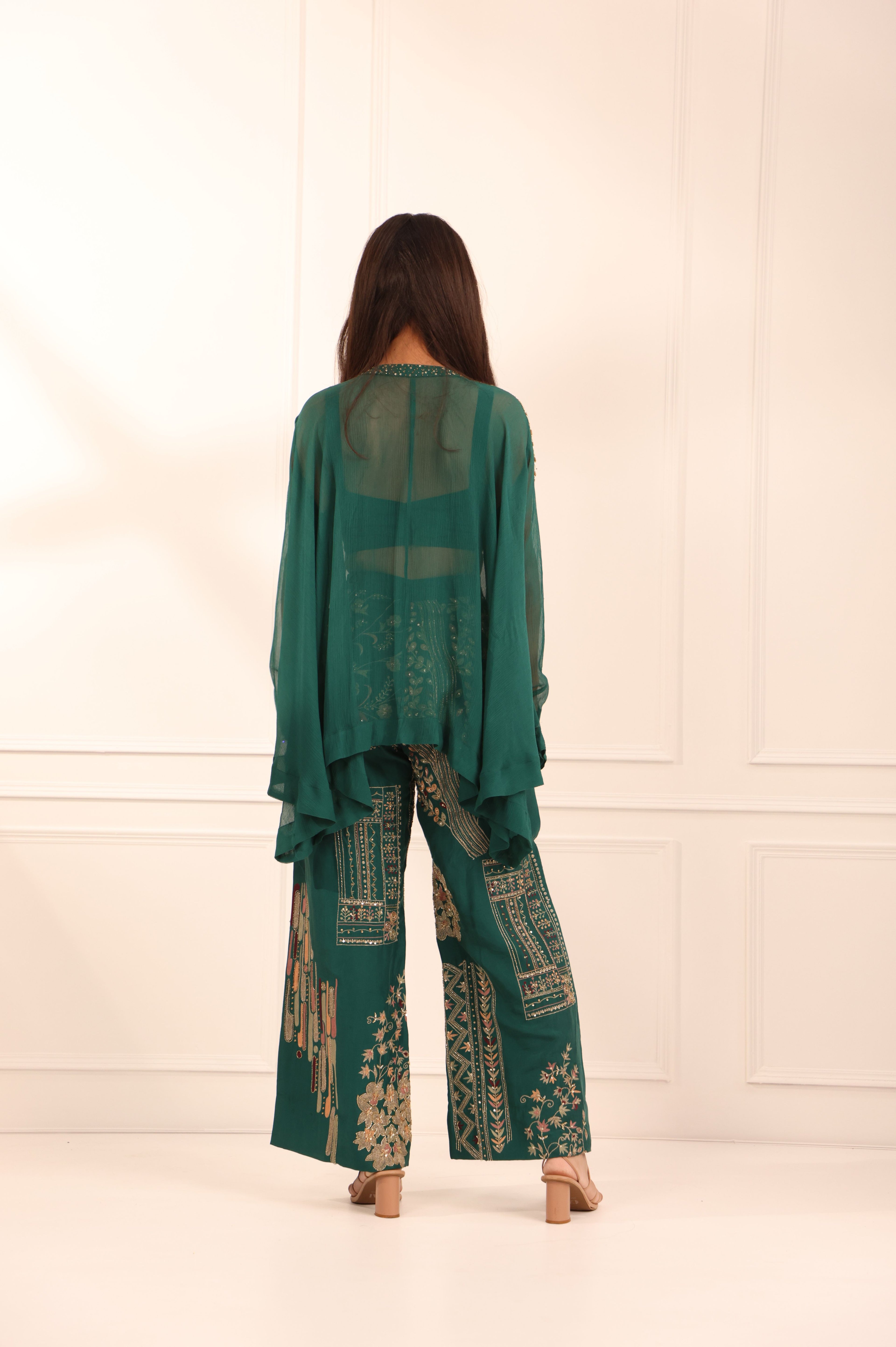 Dark Green Silk Crop Top Set