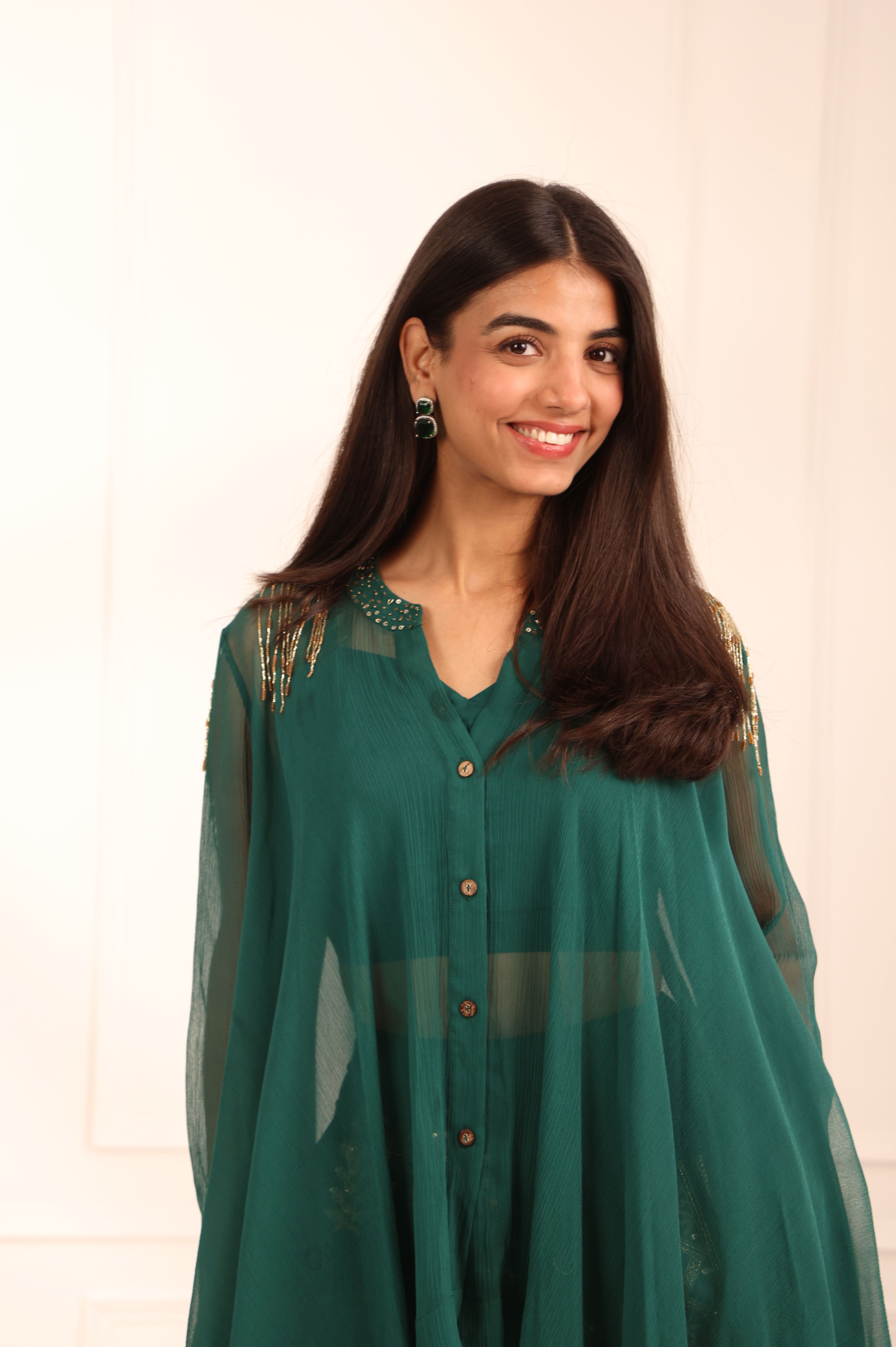 Dark Green Silk Crop Top Set