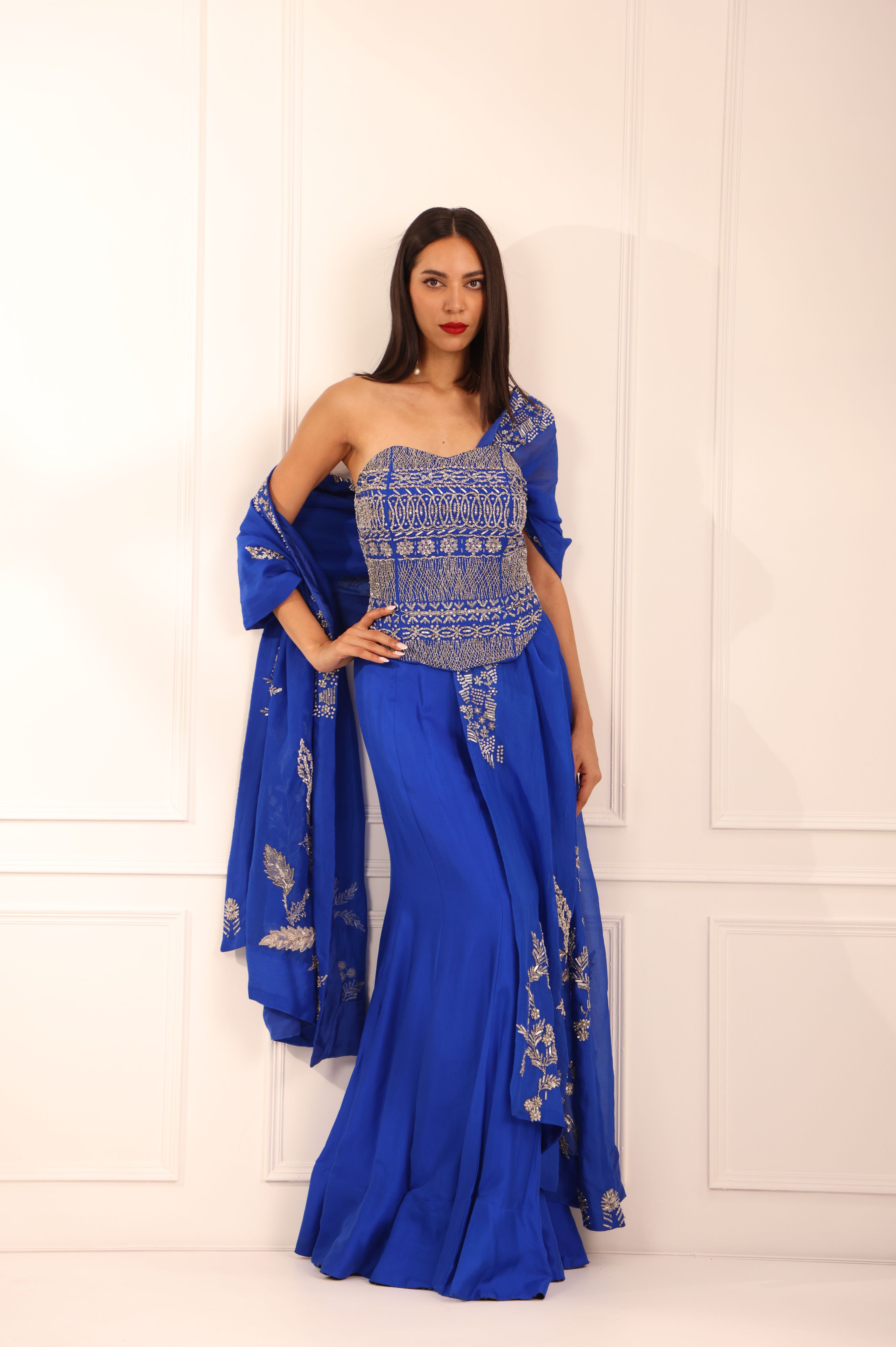 Blue Silk Corset & Fish Skirt Set