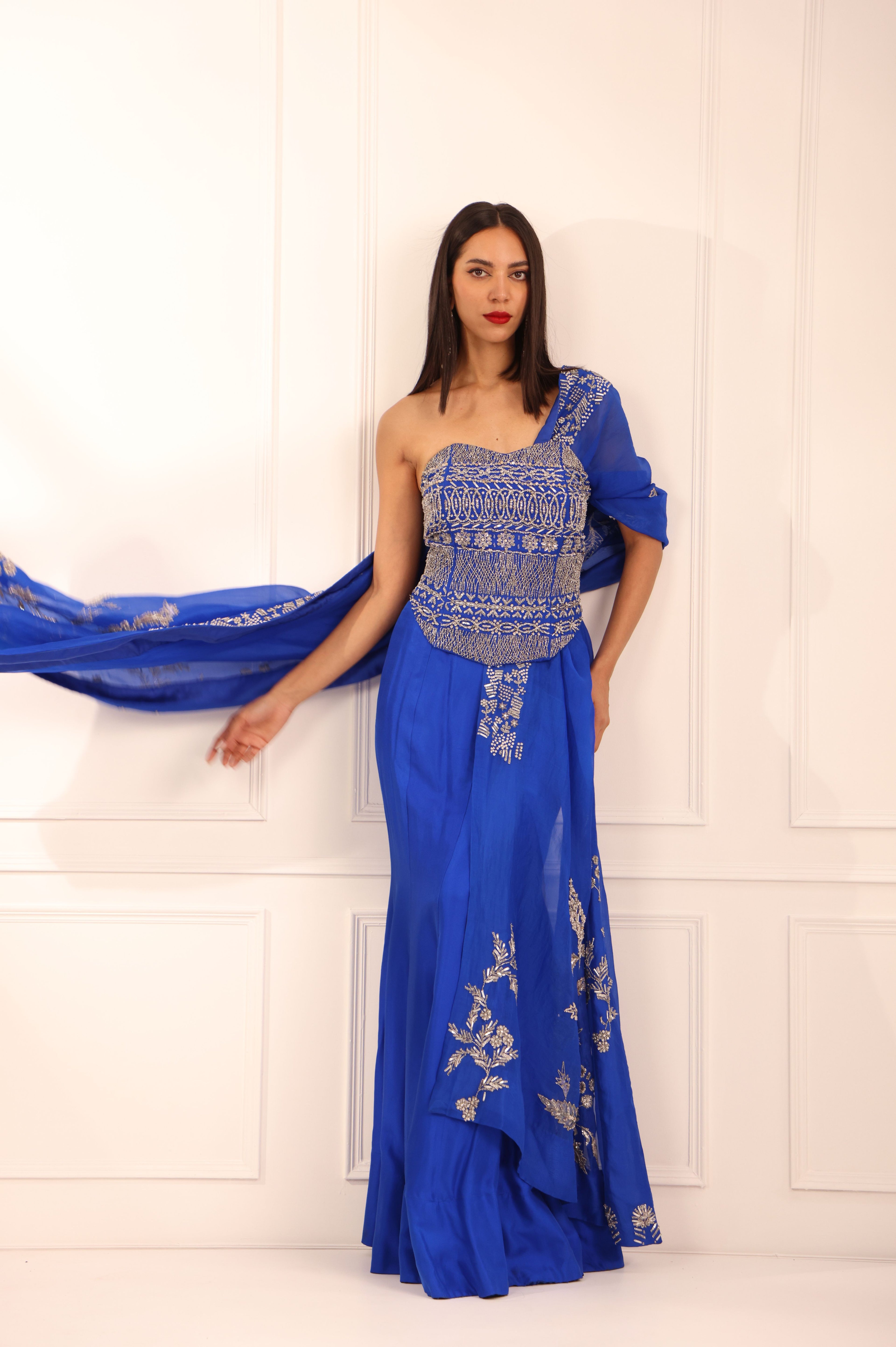 Blue Silk Corset & Fish Skirt Set