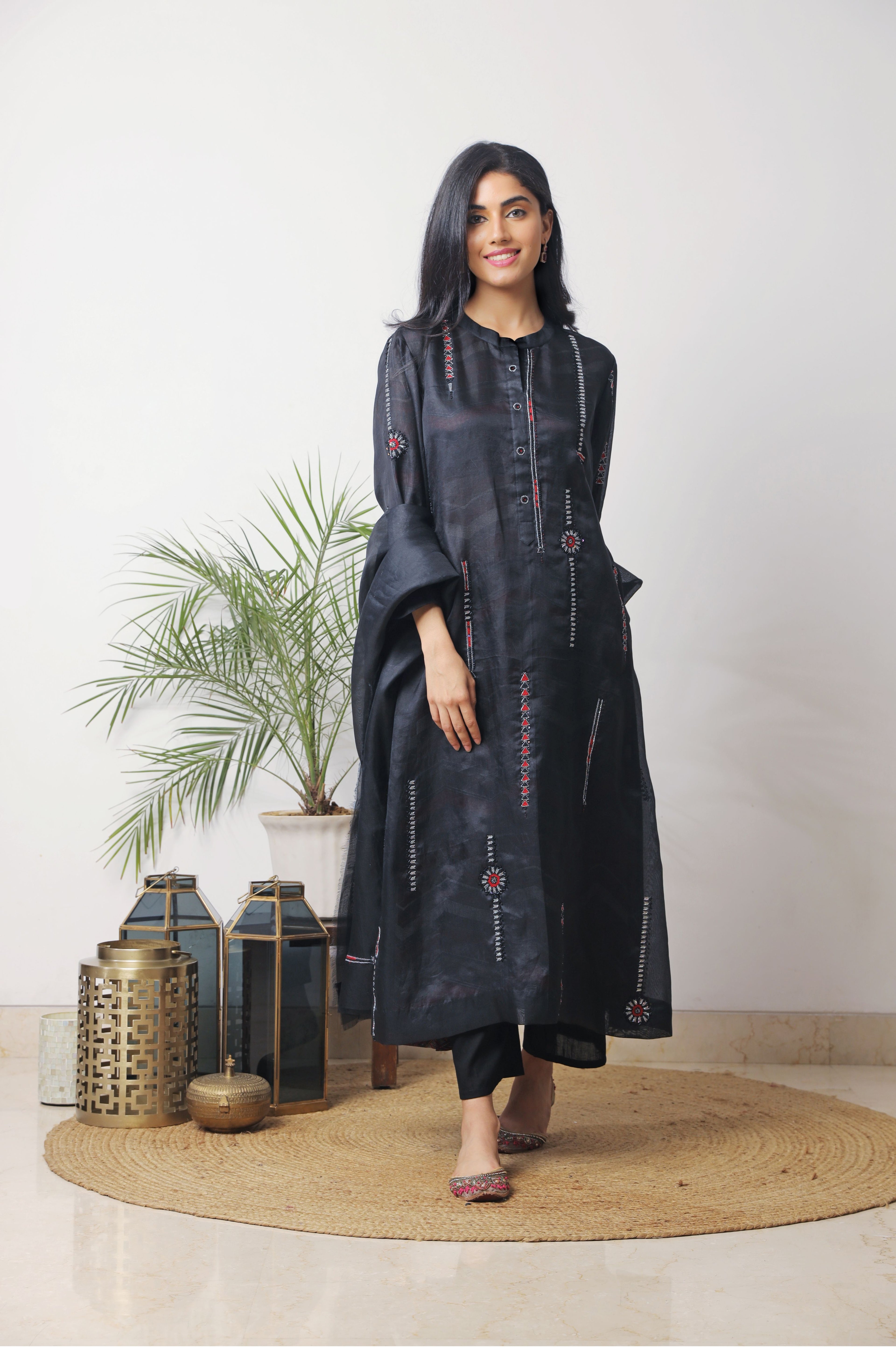 Black Organza Embroidered Kurta Set