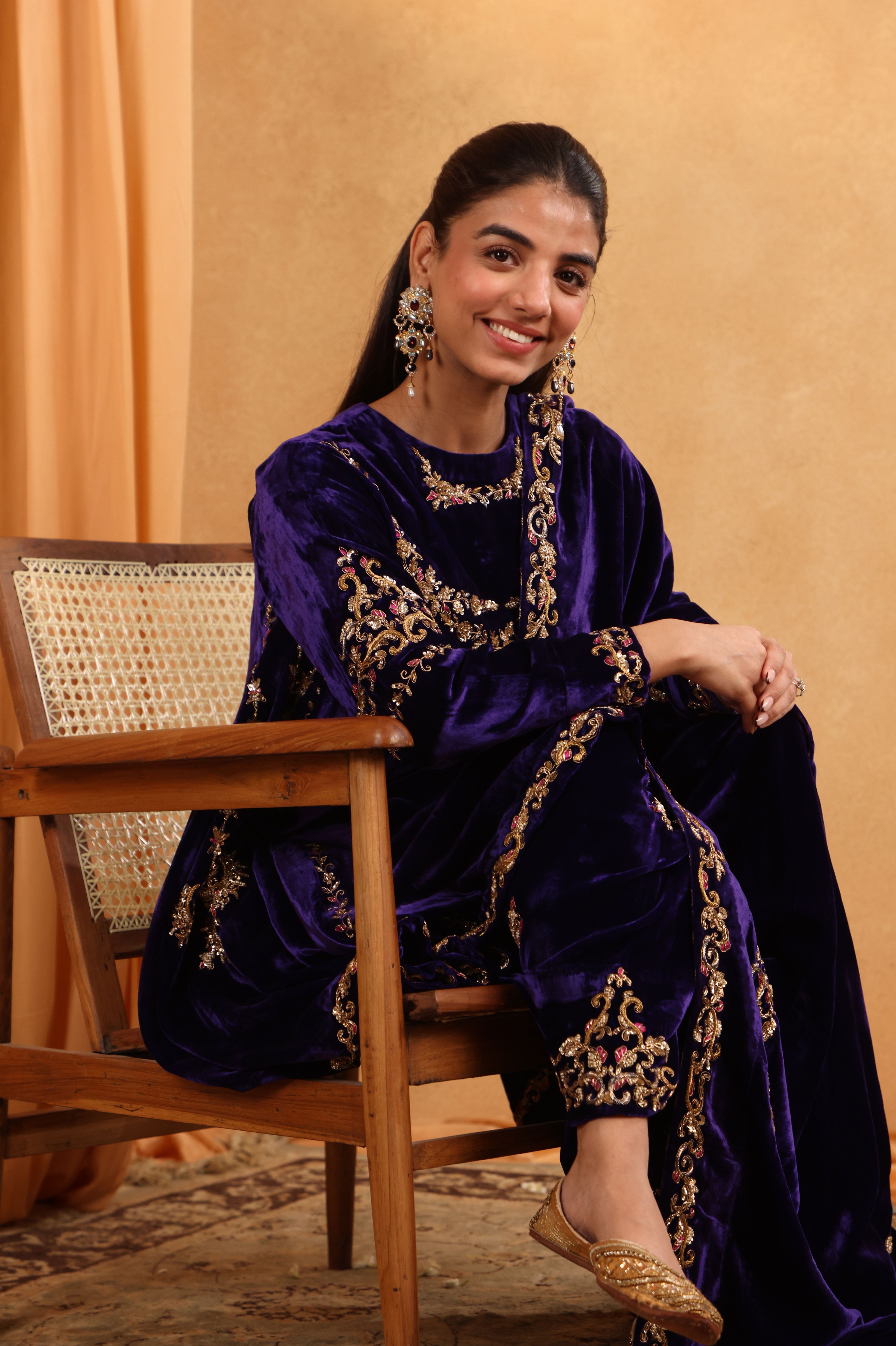 Purple Velvet Short Shirt & Salwar Set