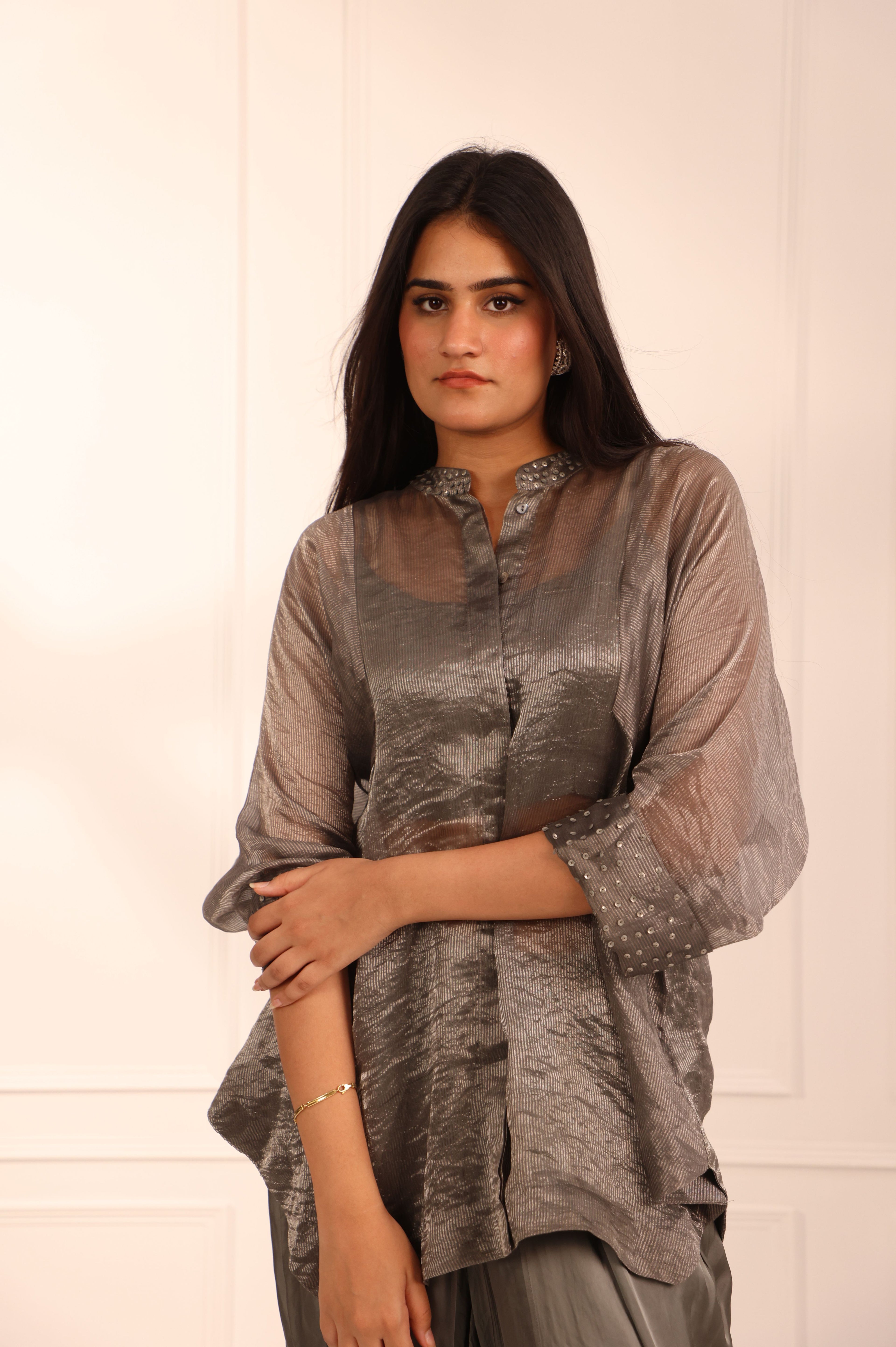 Grey Tissue Chanderi Asymmetric Set