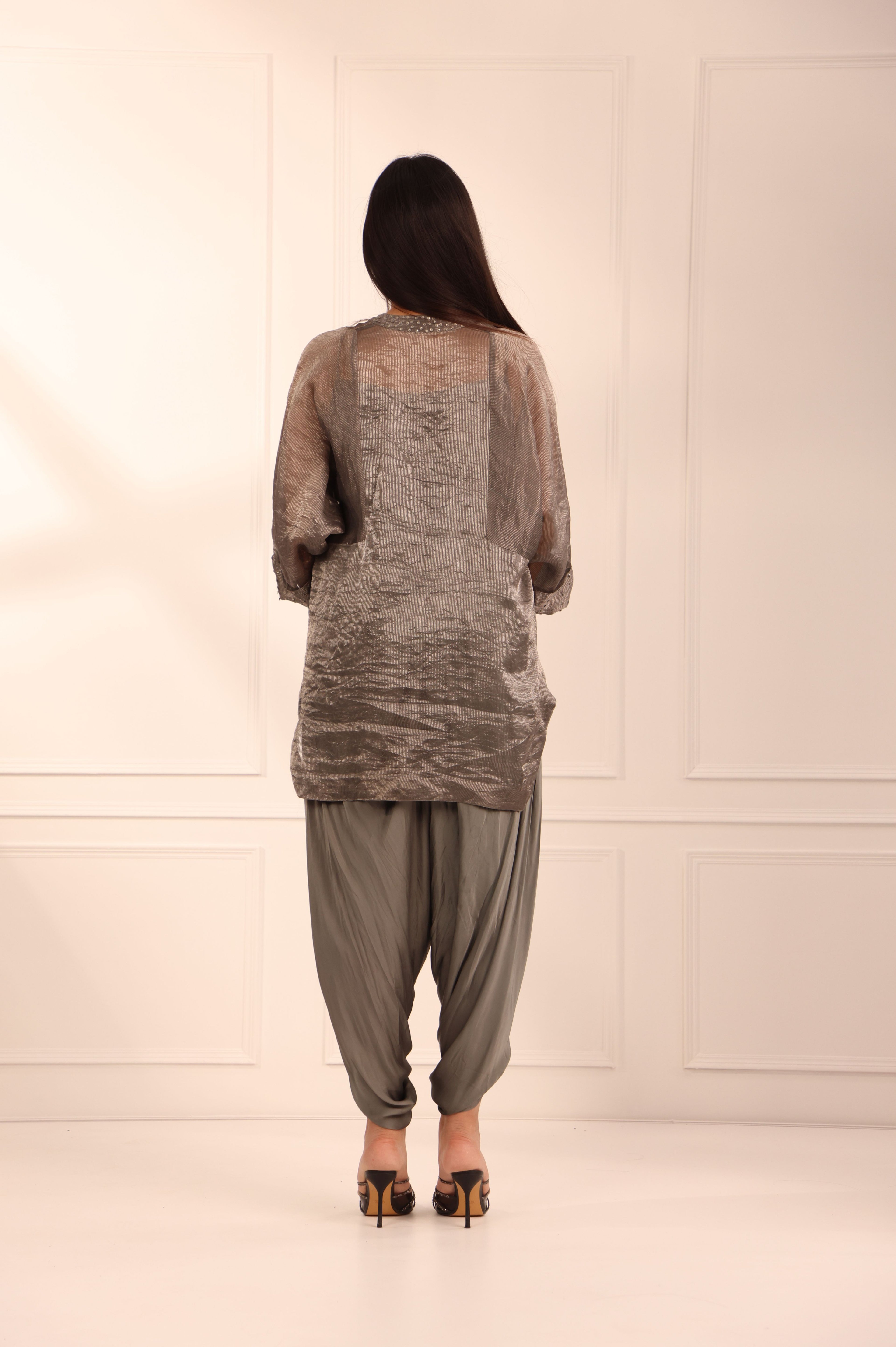 Grey Tissue Chanderi Asymmetric Set