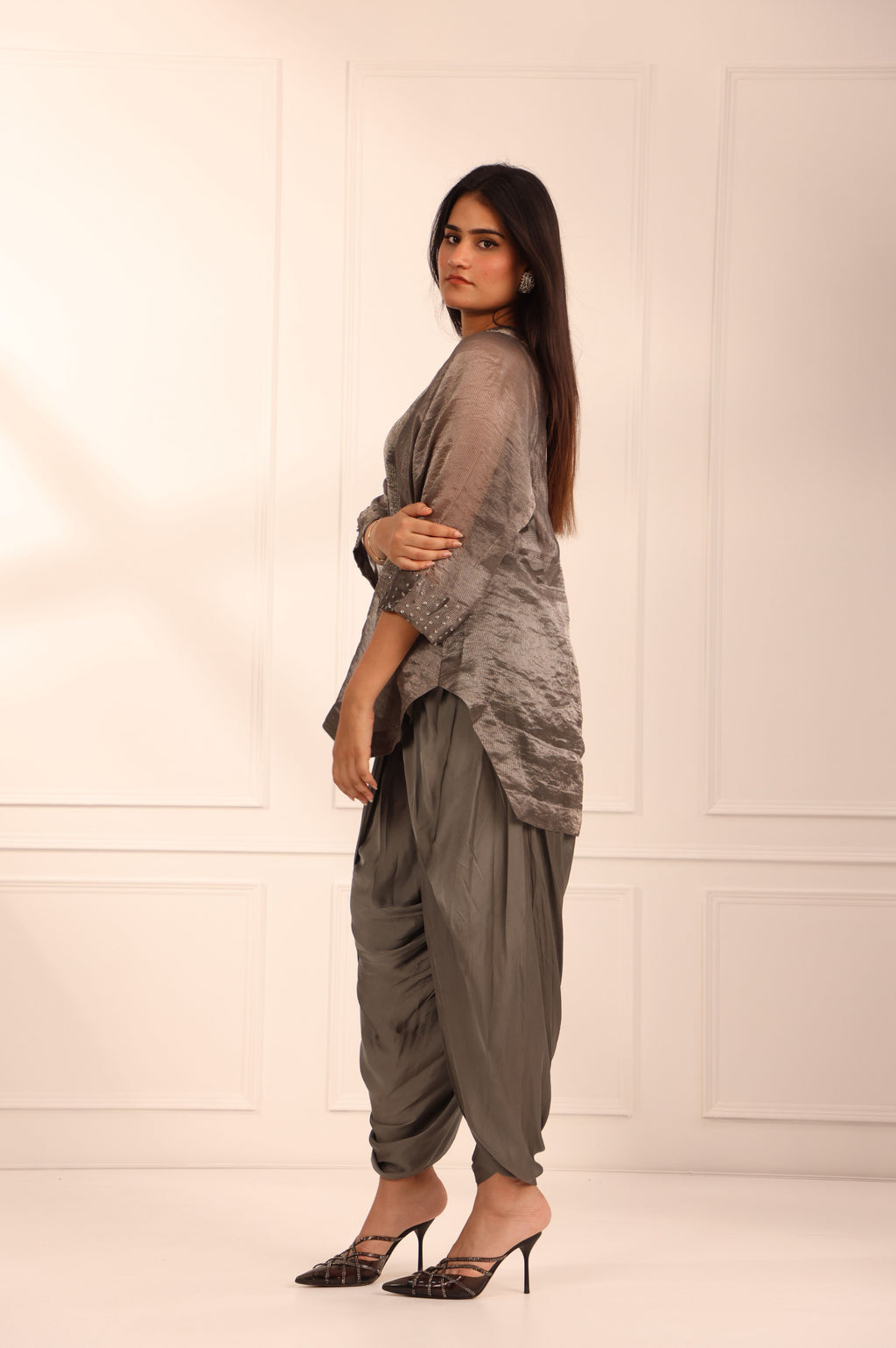 Grey Tissue Chanderi Asymmetric Set