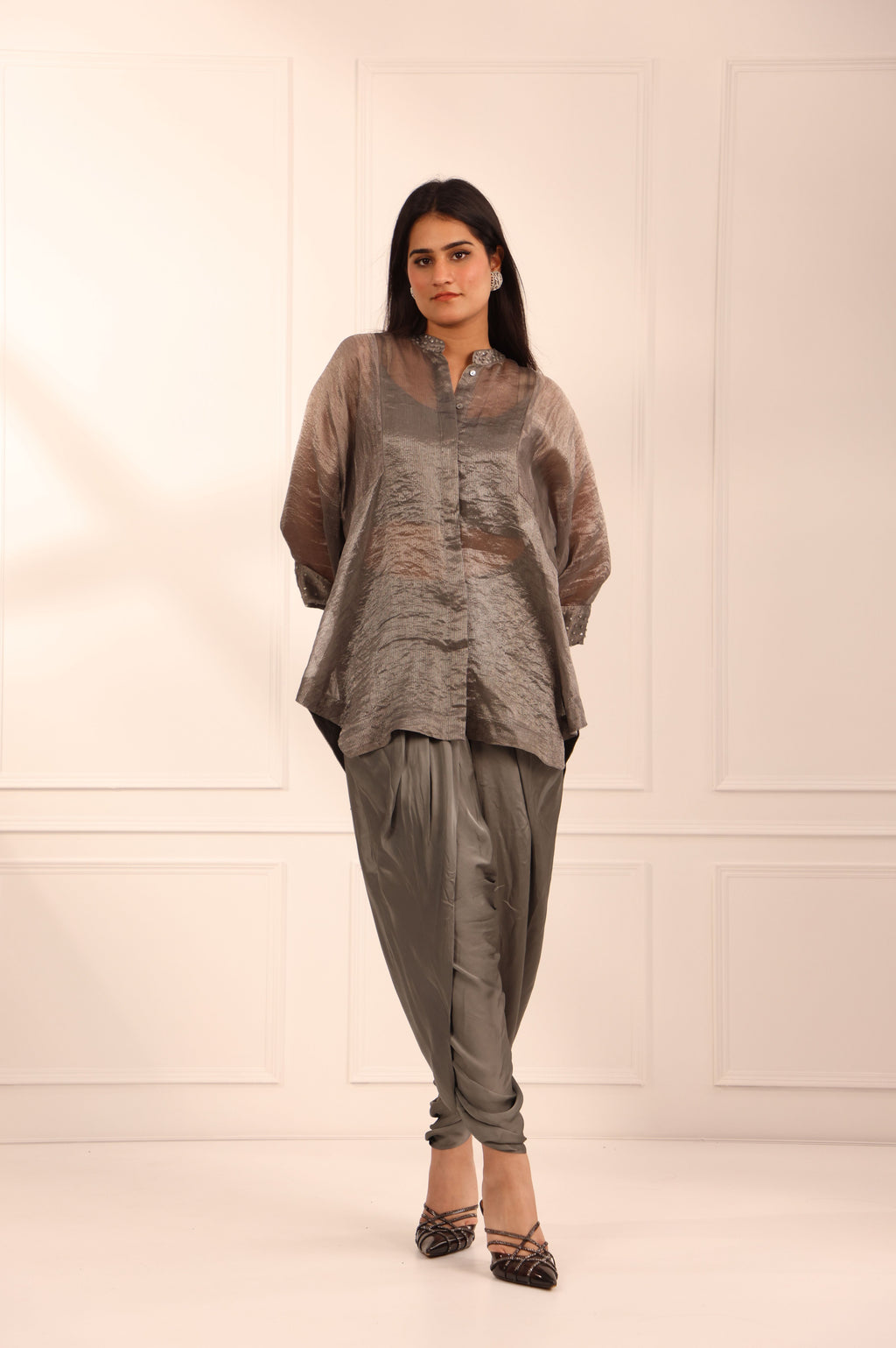 Grey Tissue Chanderi Asymmetric Set