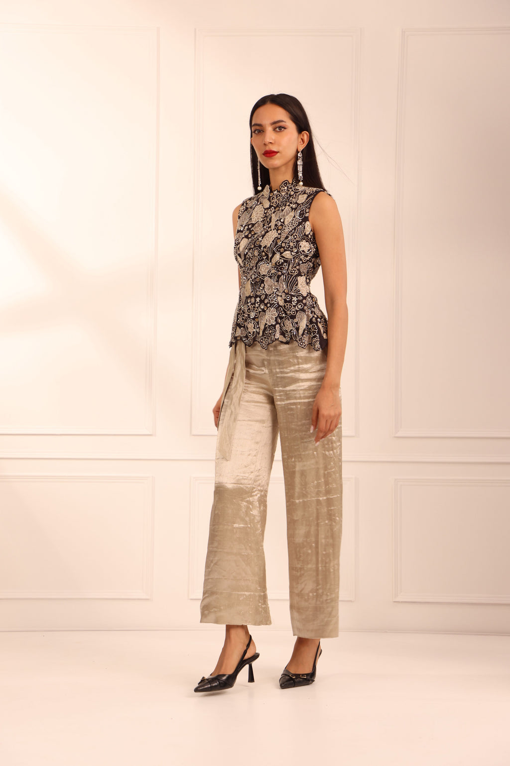 Black Appliqué Top & Silver Tissue Pants Set