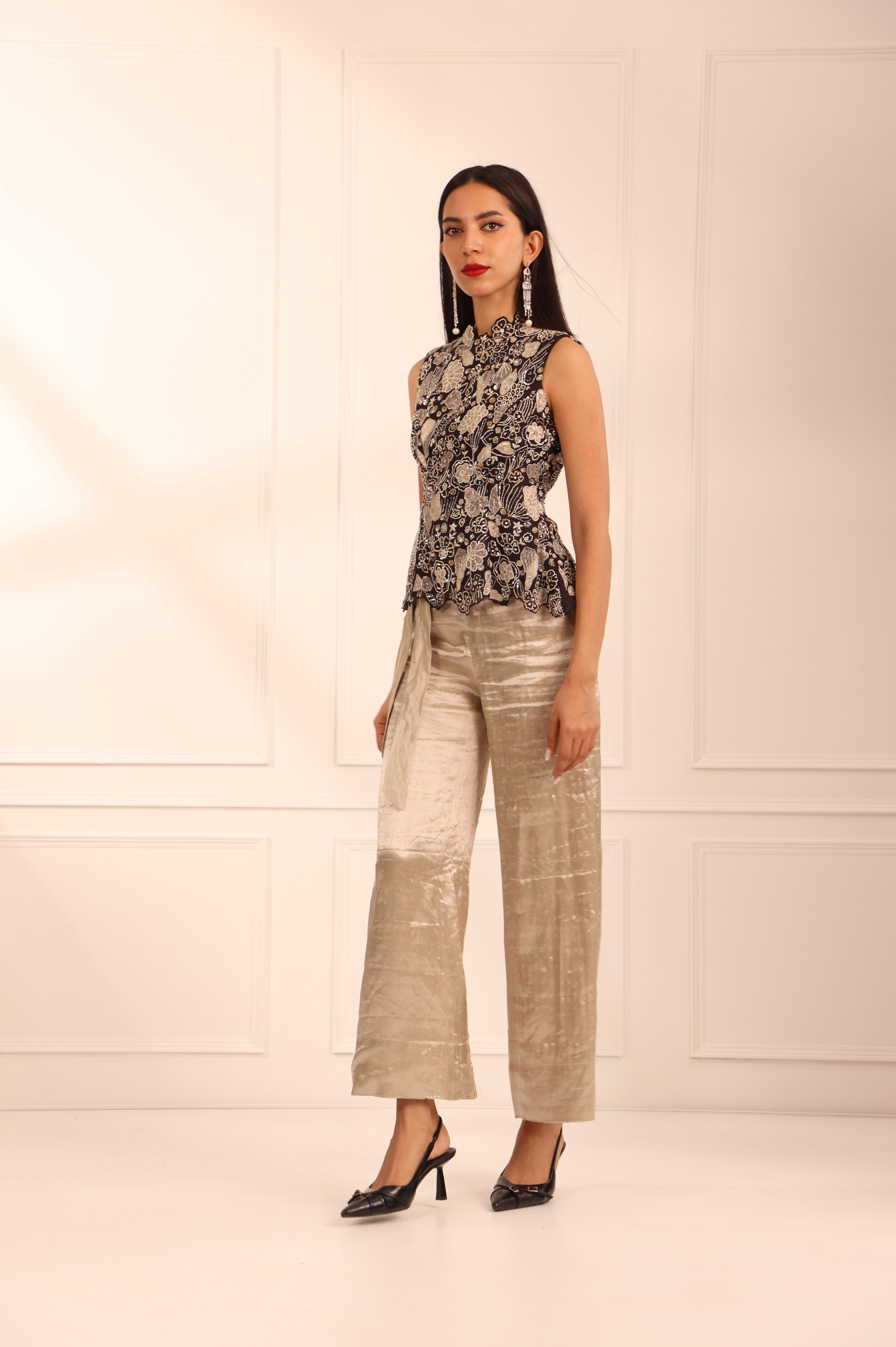 Black Appliqué Top & Silver Tissue Pants Set