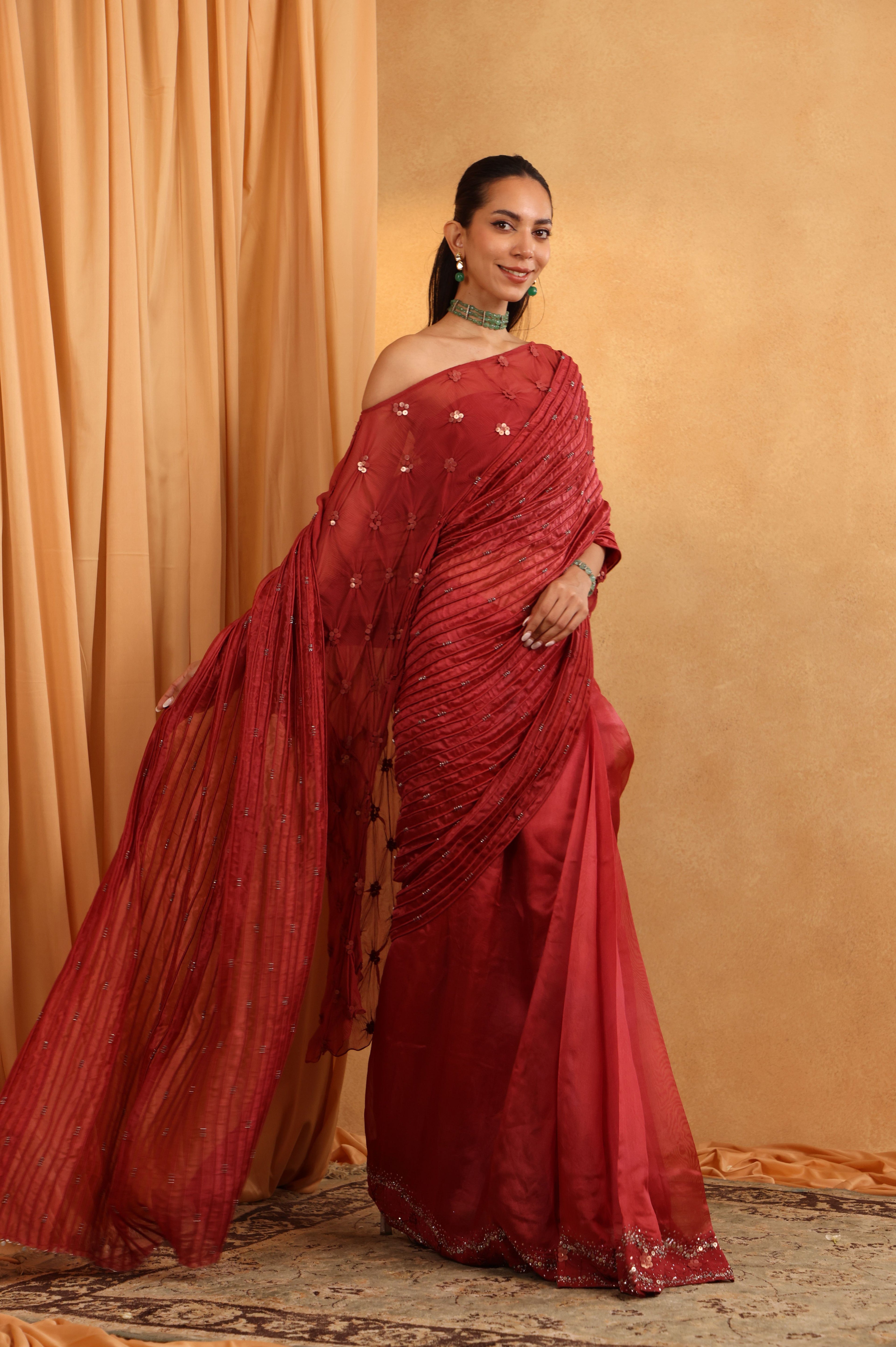 Rust Organza Saree with Embroidered Cape