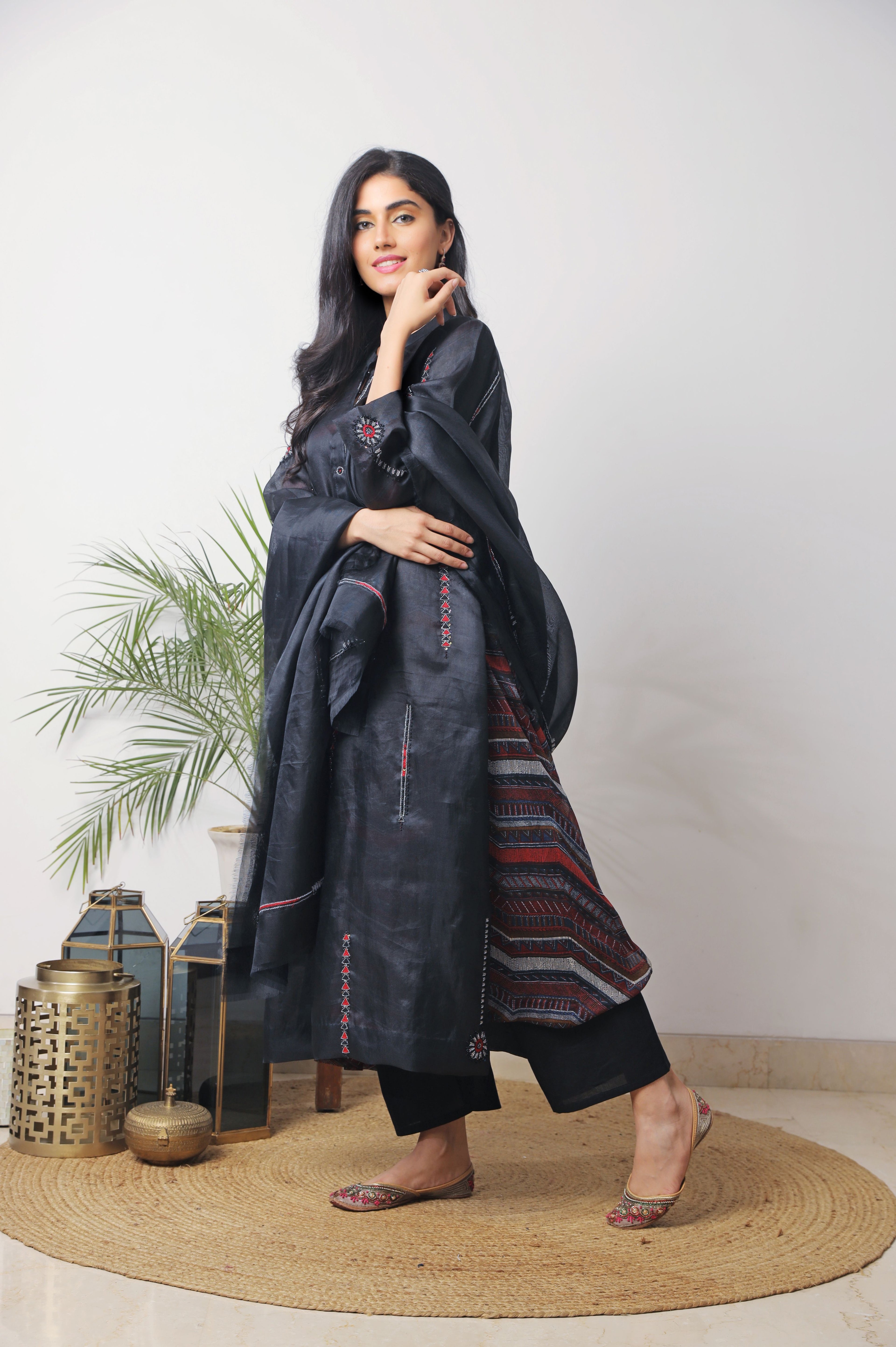Black Organza Embroidered Kurta Set