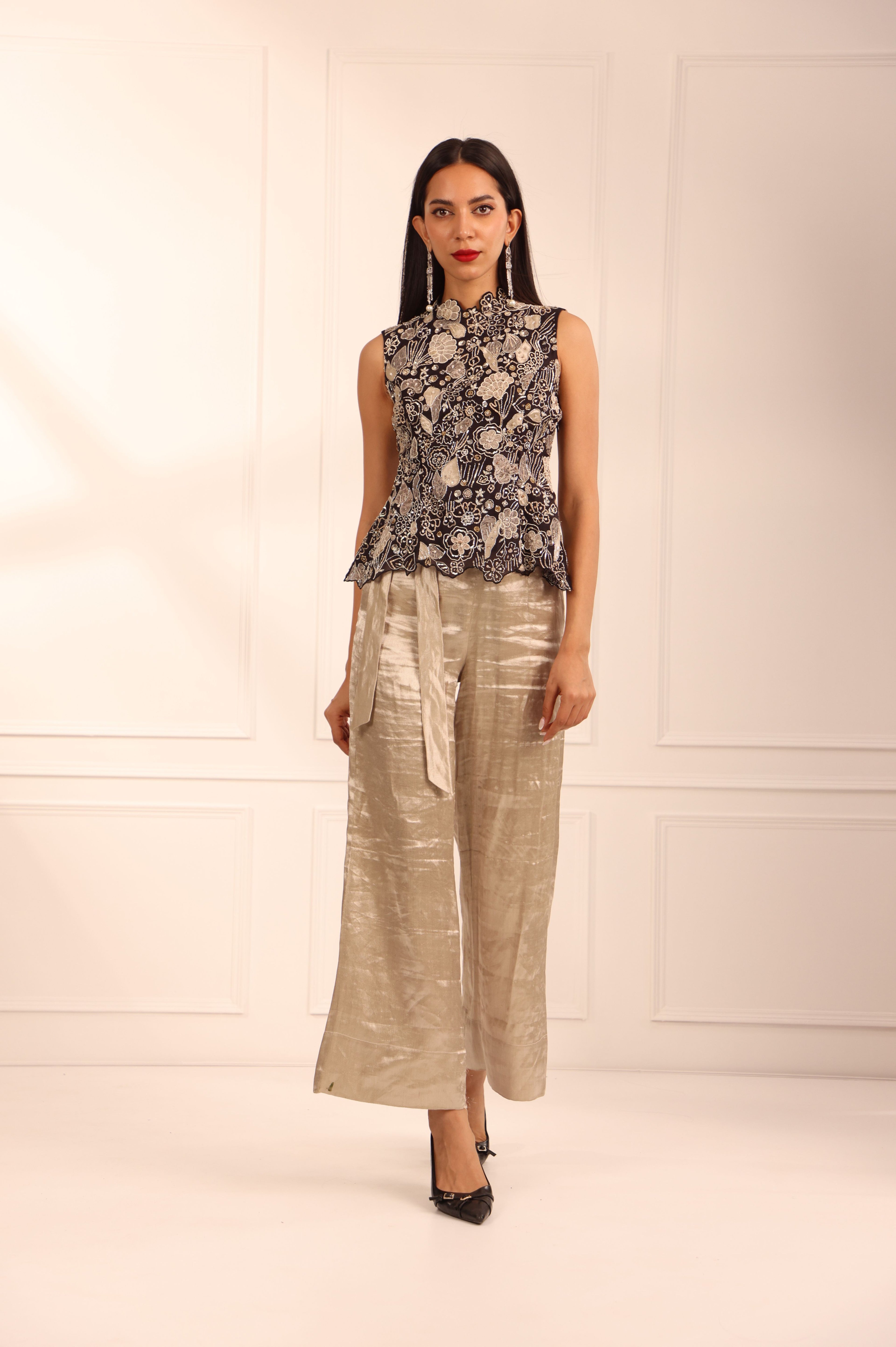 Black Appliqué Top & Silver Tissue Pants Set