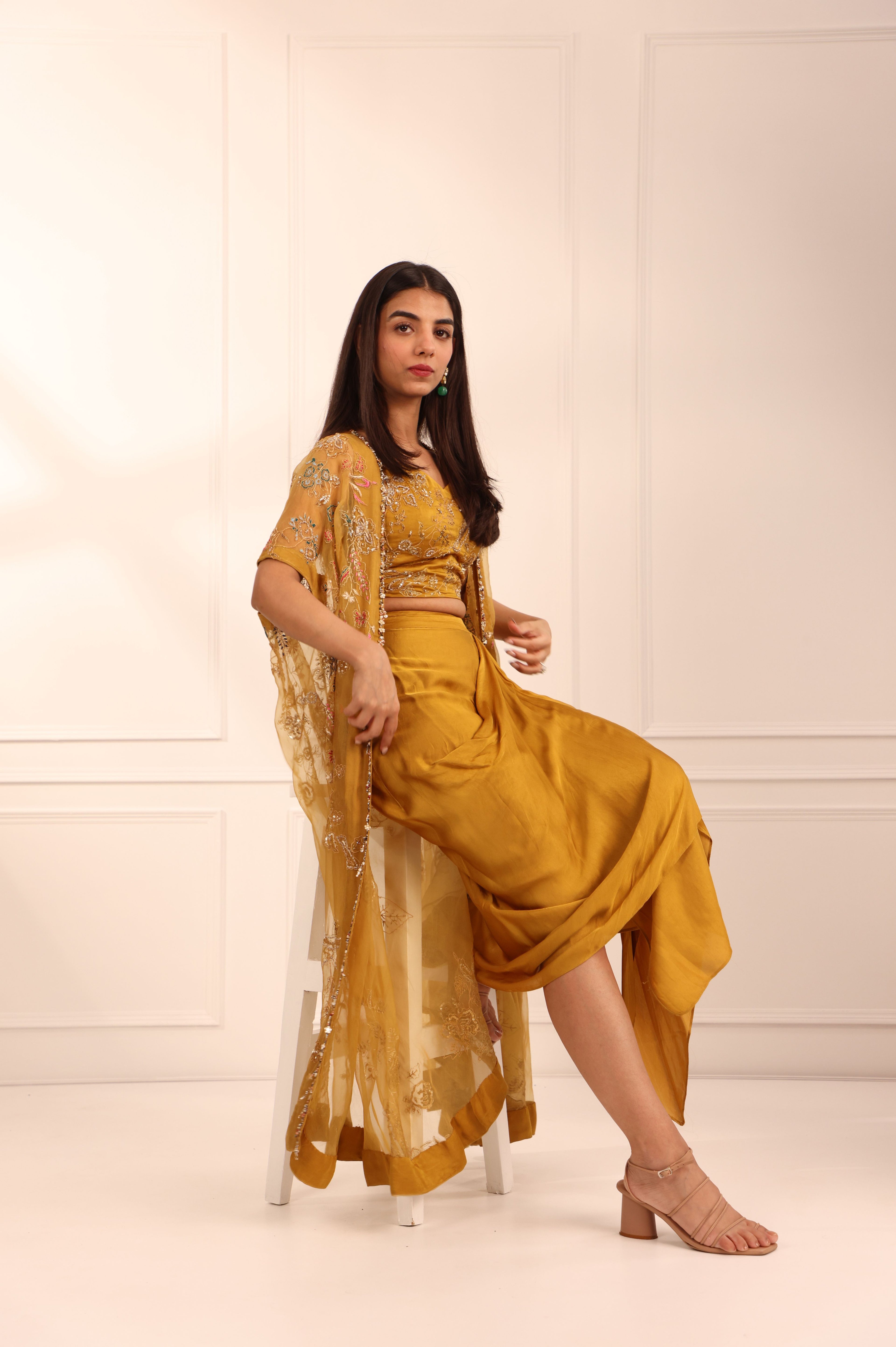 Mustard Organza Cape & Dhoti Skirt Set