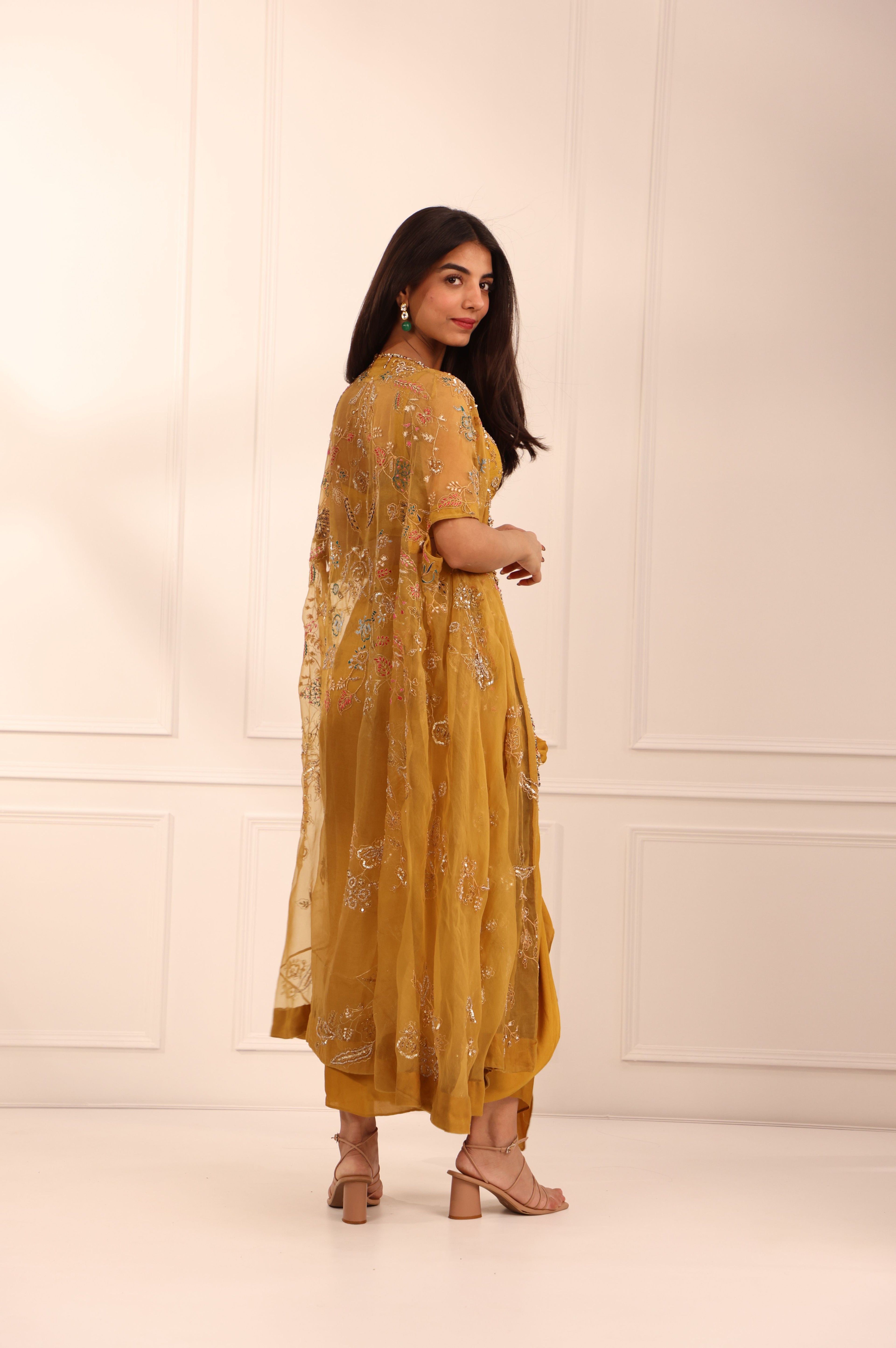 Mustard Organza Cape & Dhoti Skirt Set