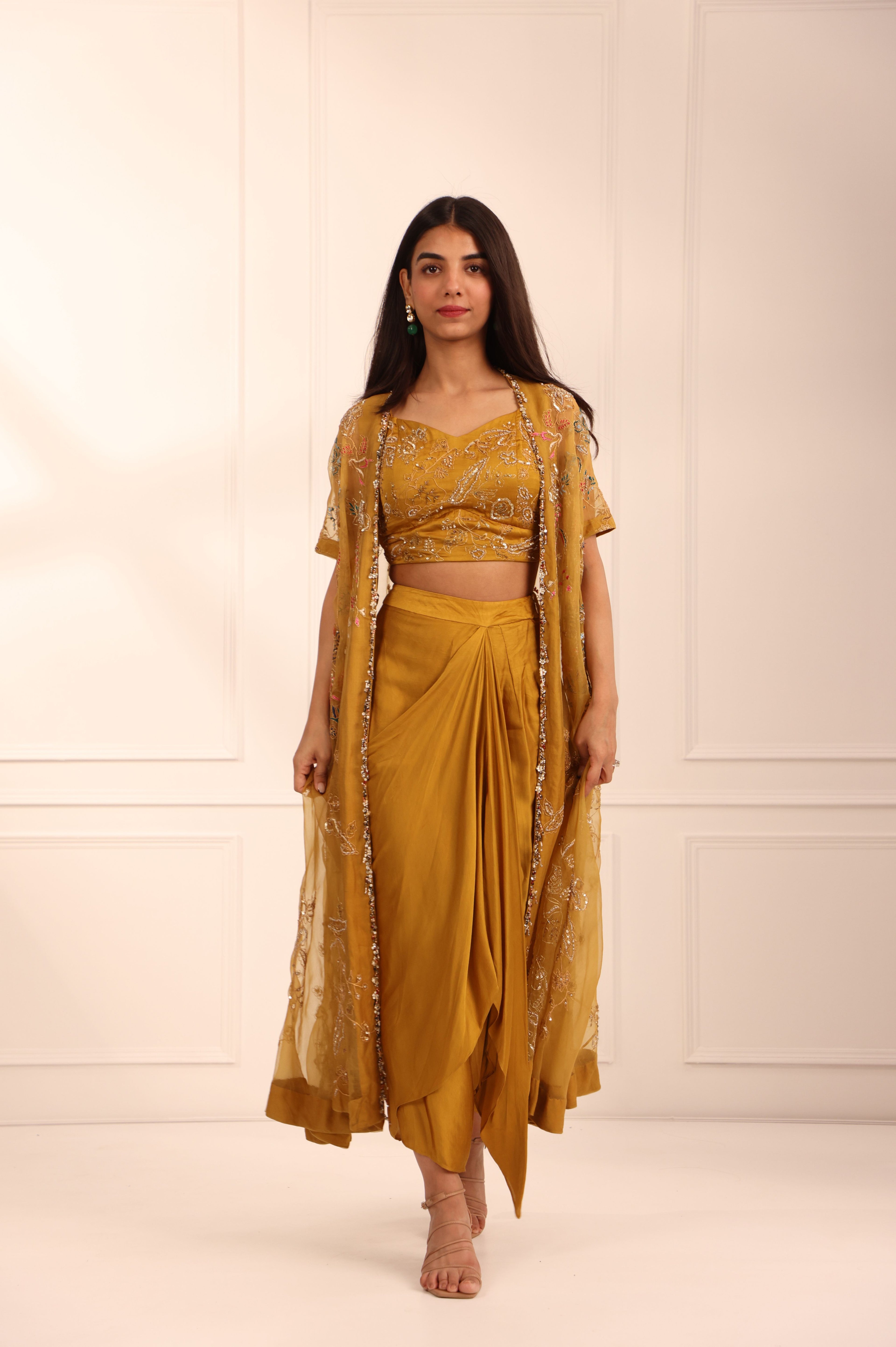 Mustard Organza Cape & Dhoti Skirt Set