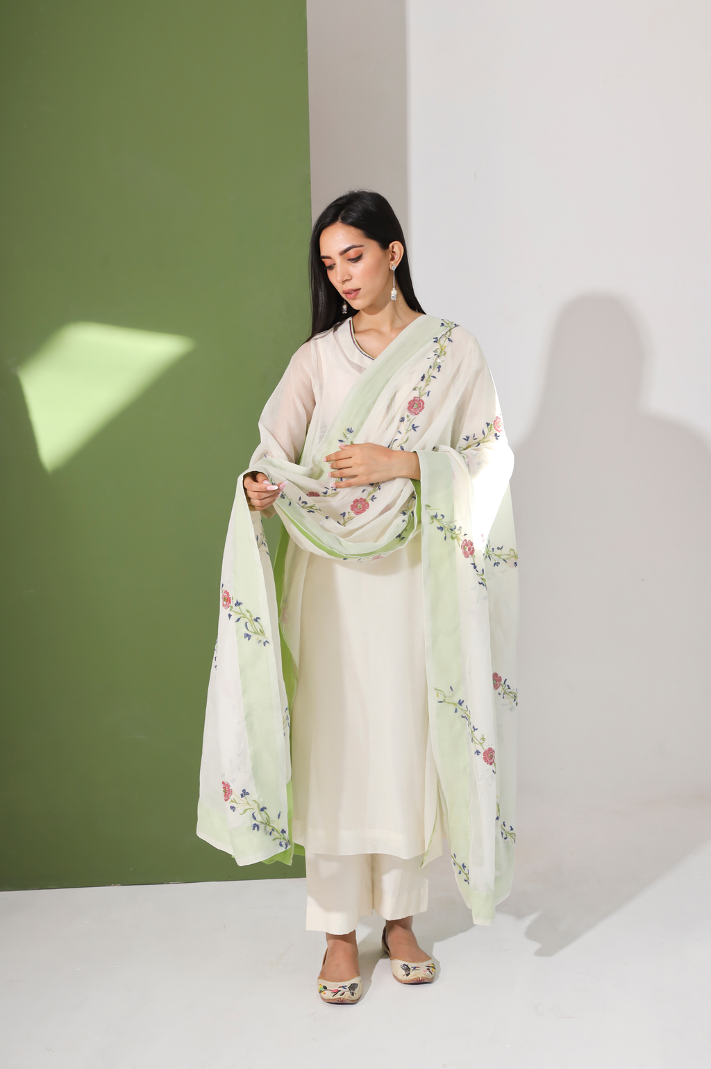 LIME GREEN CHANDERI SUIT WITH HAND EMBROIDERY