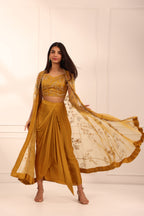 Mustard Organza Cape & Dhoti Skirt Set