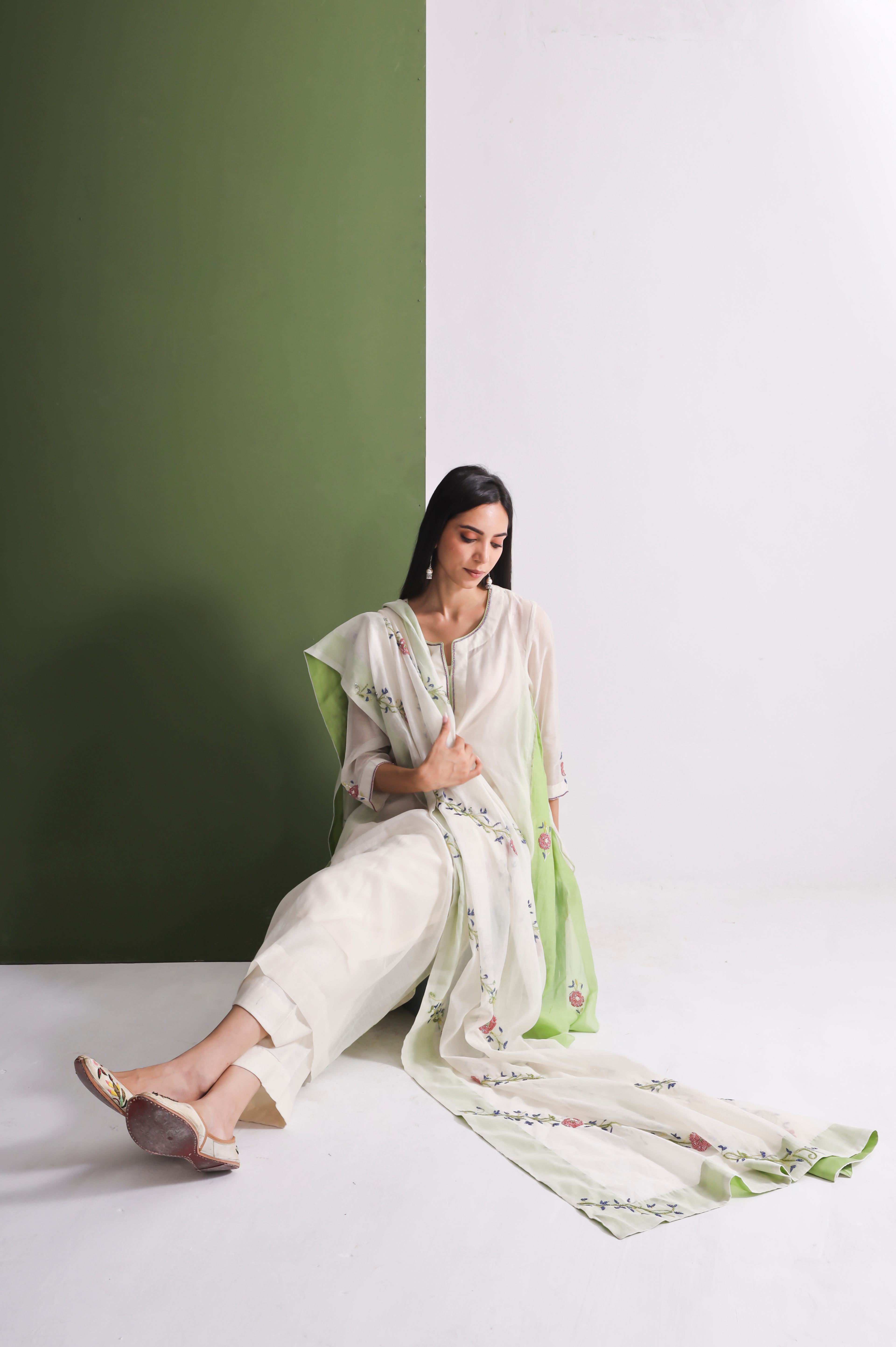 LIME GREEN CHANDERI SUIT WITH HAND EMBROIDERY