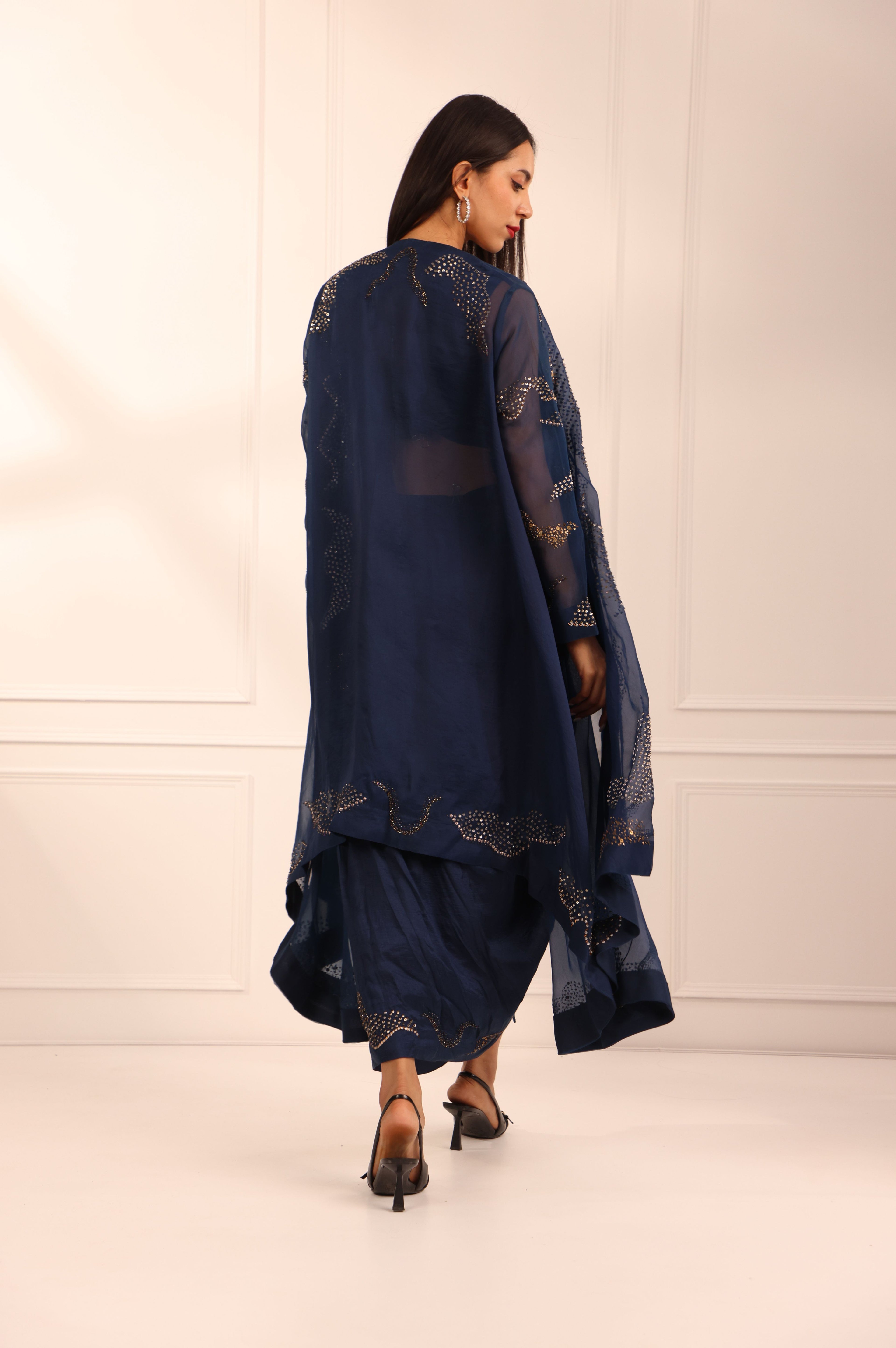 Blue Organza Cape & Drape Saree Set