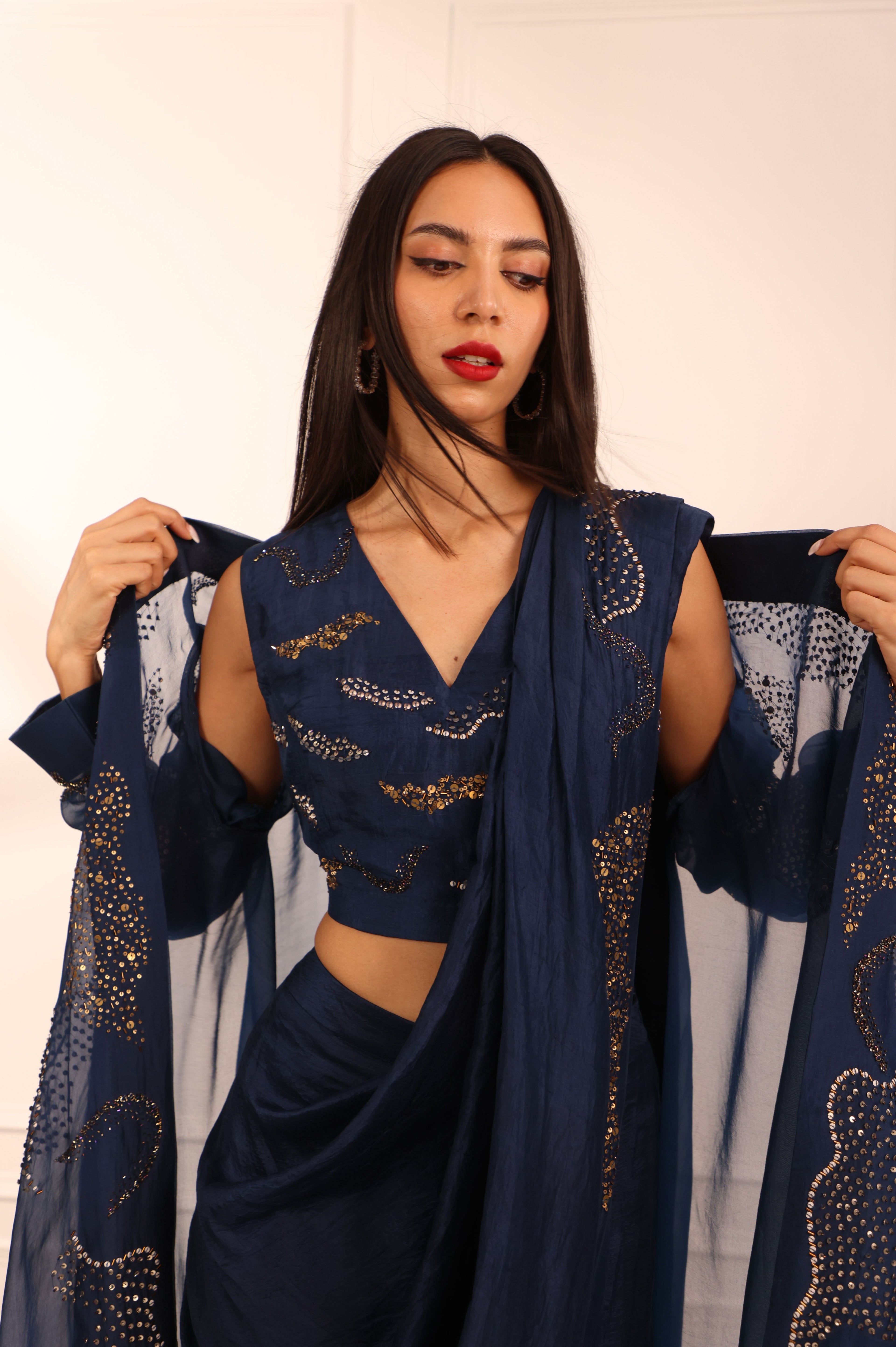 Blue Organza Cape & Drape Saree Set