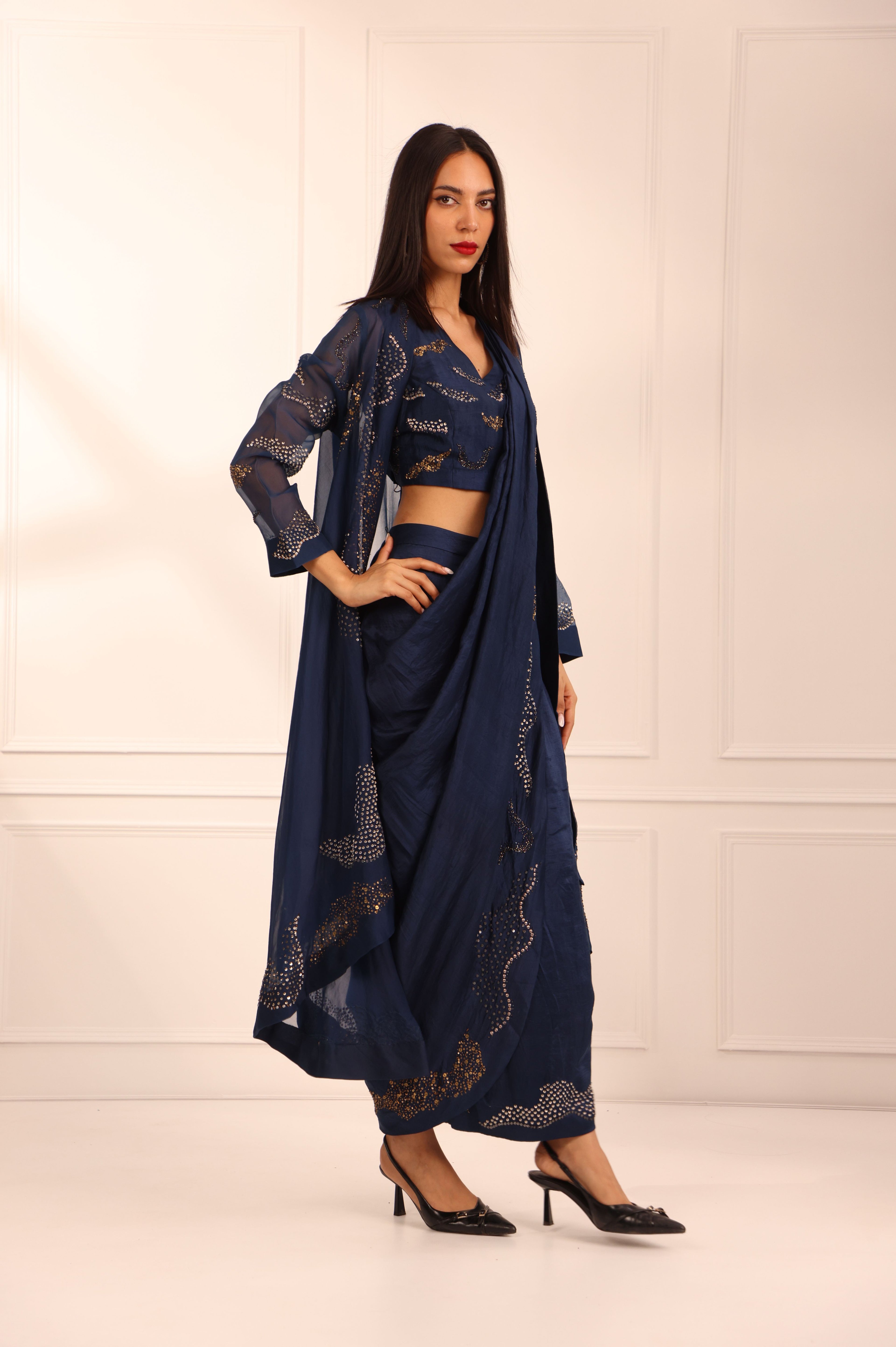 Blue Organza Cape & Drape Saree Set