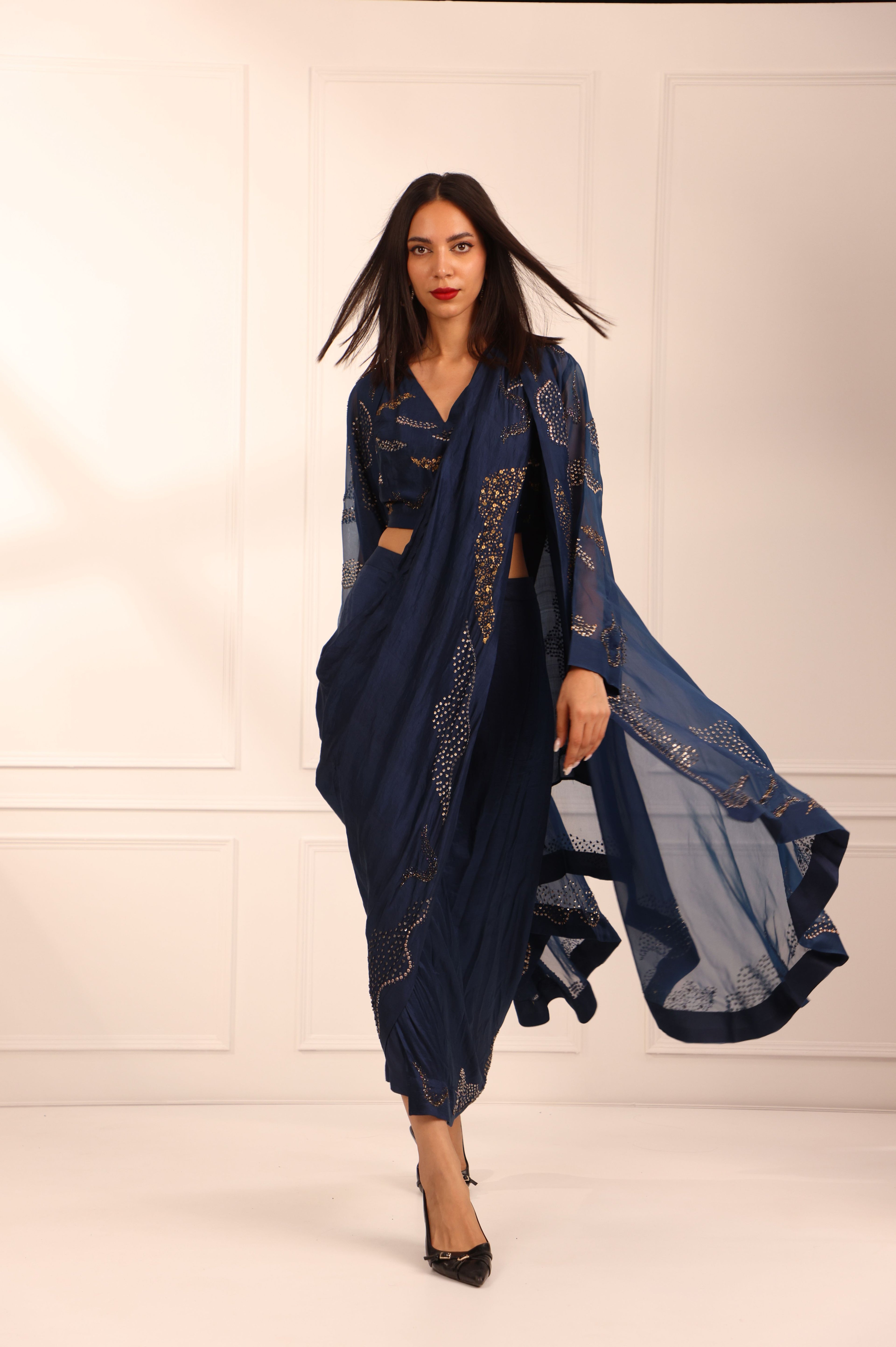 Blue Organza Cape & Drape Saree Set