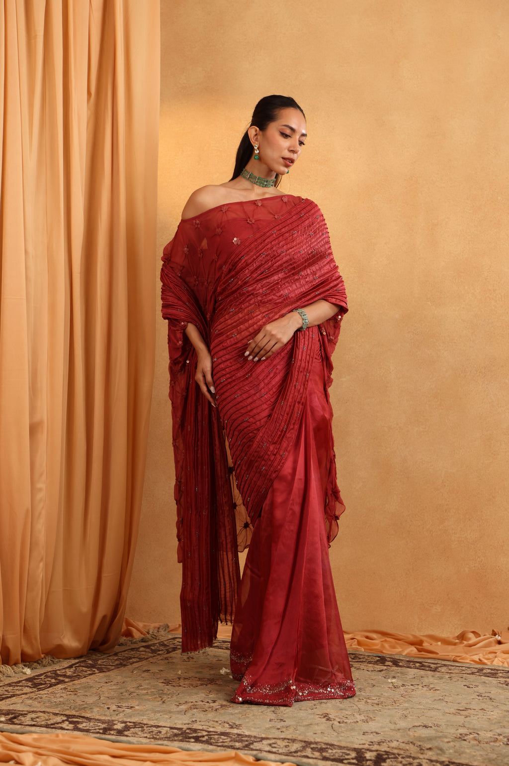 Rust Organza Saree with Embroidered Cape