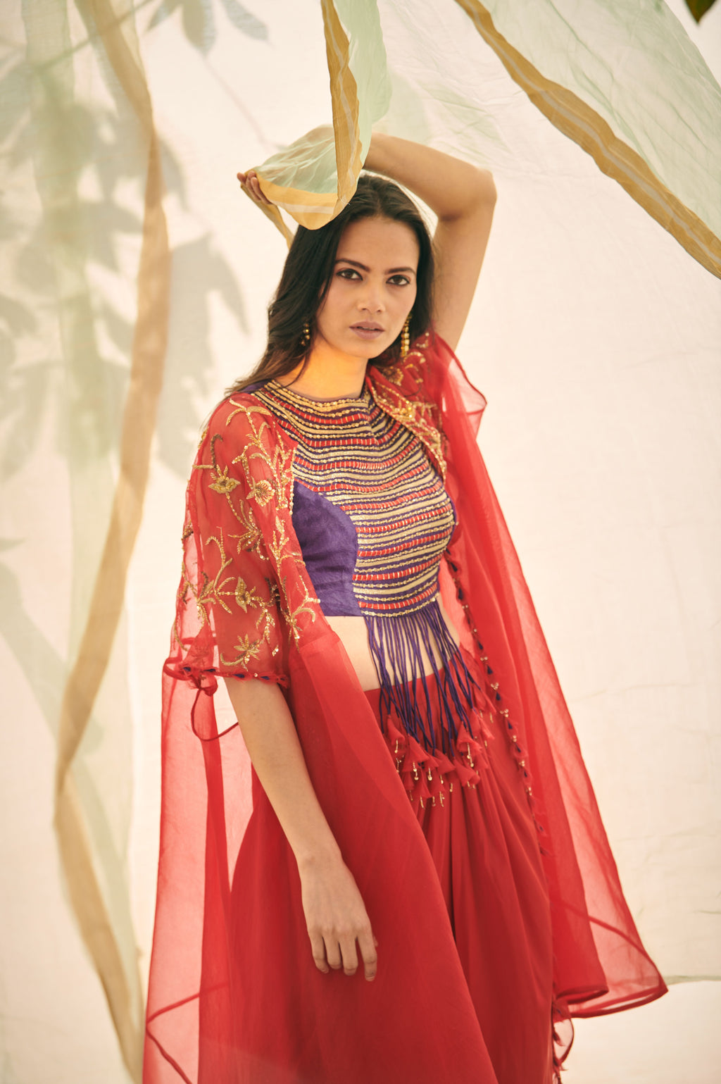 Red Purple Organza Cape Set