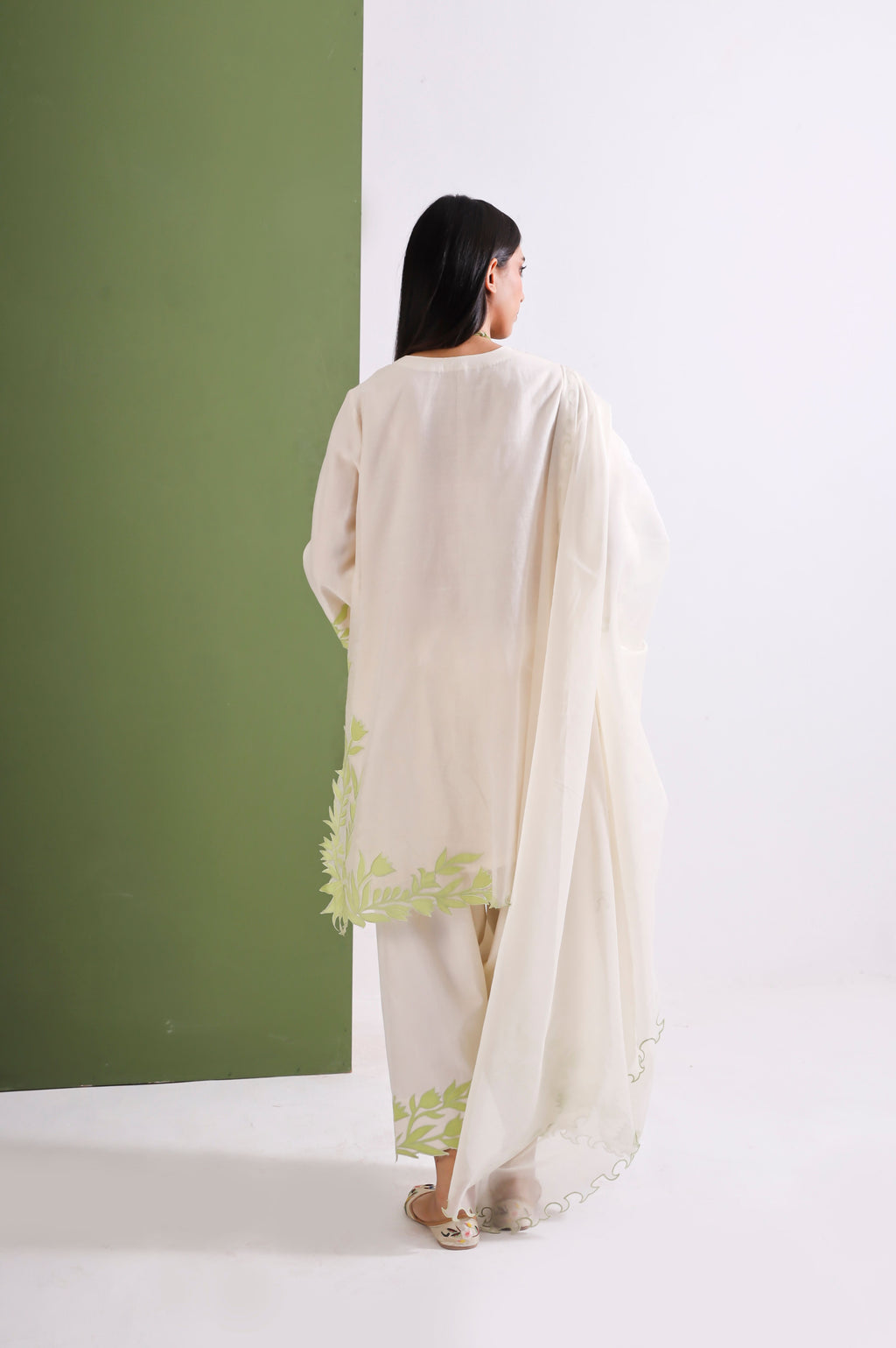 Off White Lime Chanderi Kurta Set