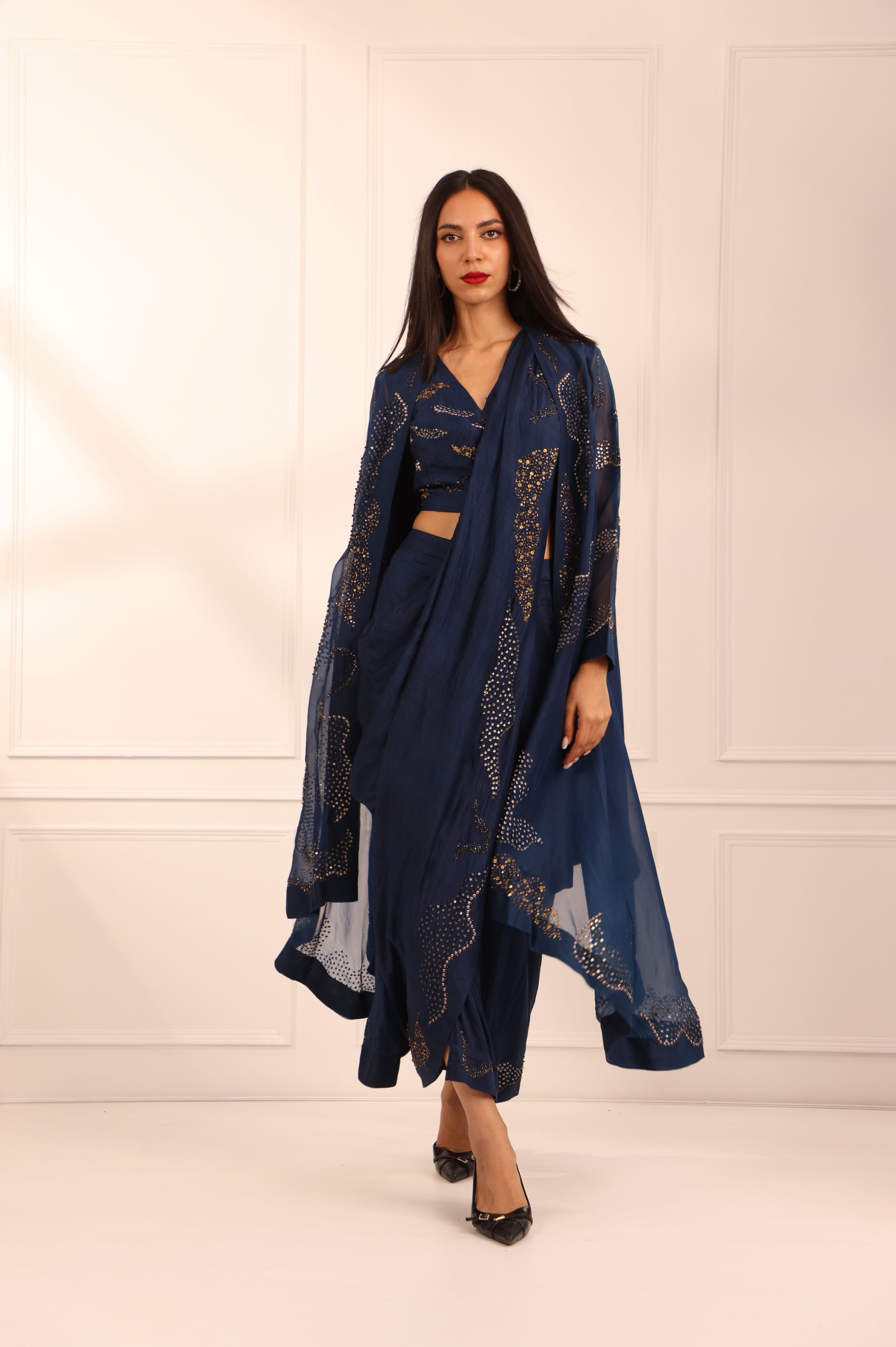 Blue Organza Cape & Drape Saree Set