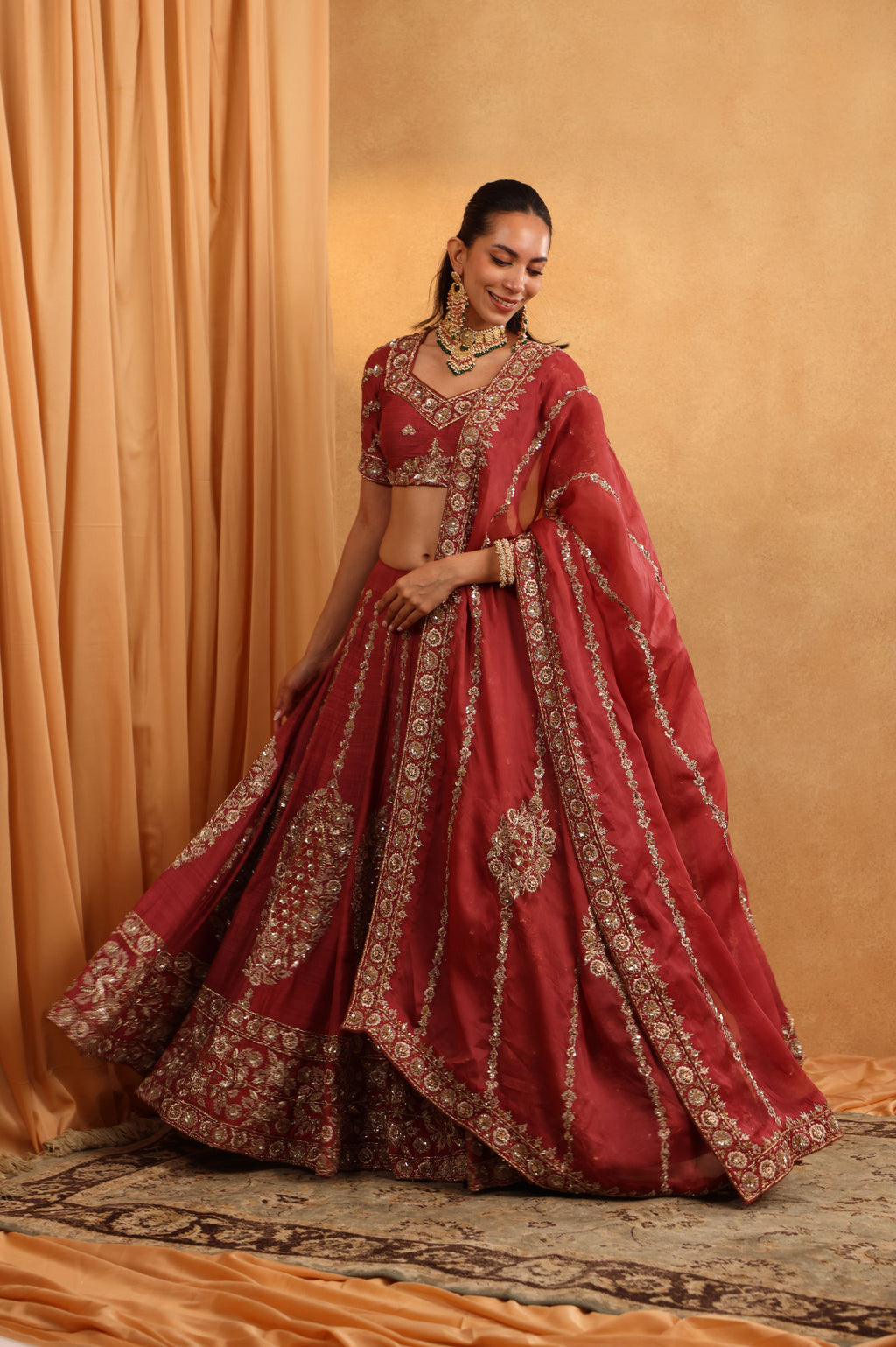 Rust Red Raw Silk Lehenga Set
