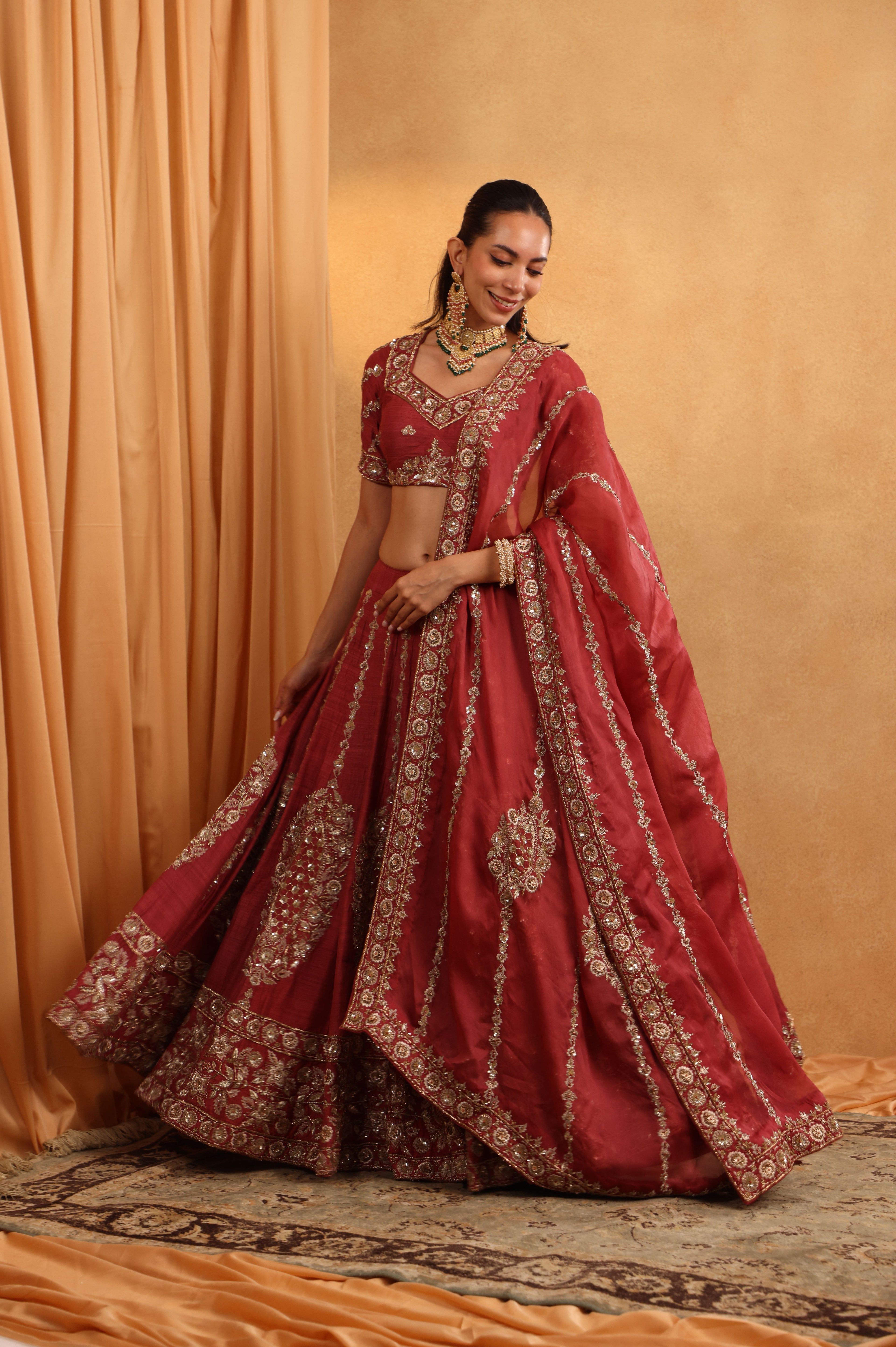 Rust Red Raw Silk Lehenga Set