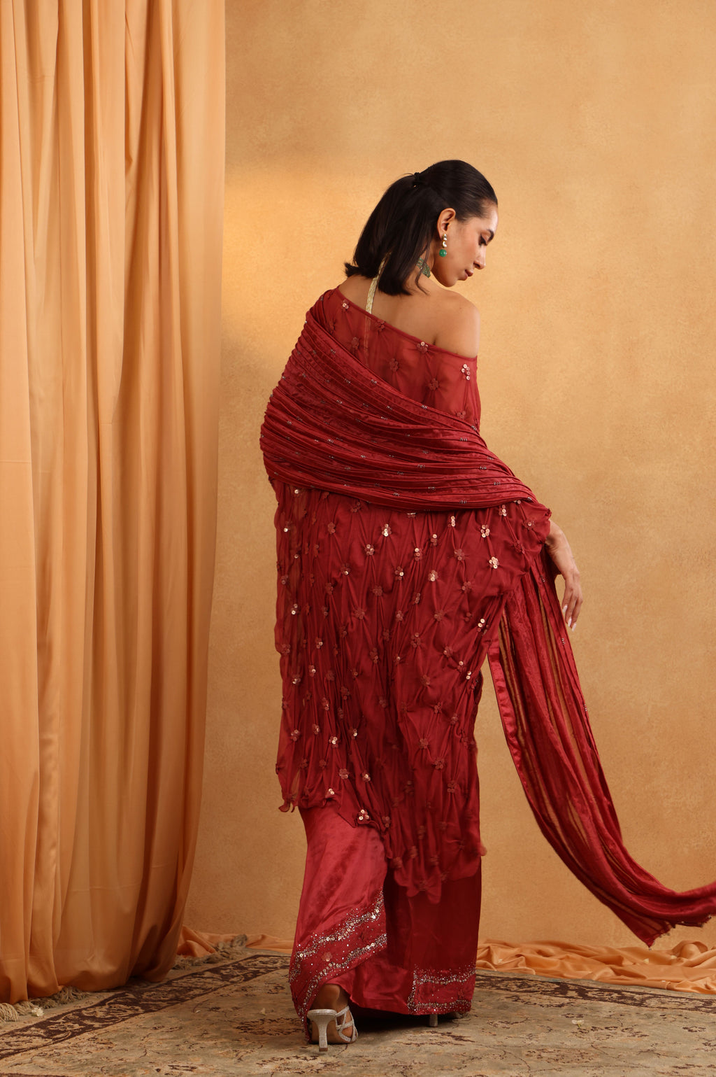 Rust Organza Saree with Embroidered Cape