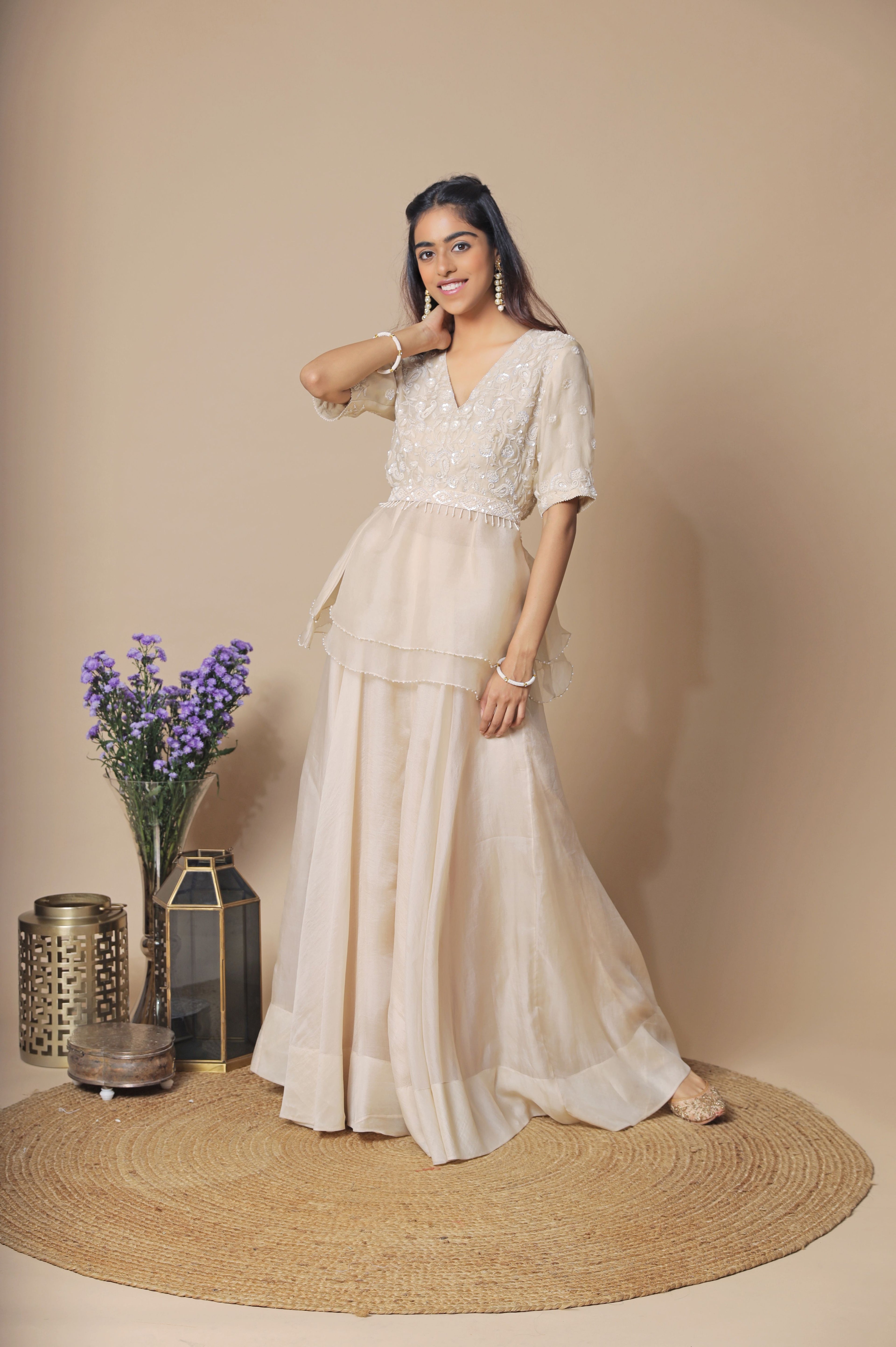 Beige Off White Organza Sharara Set