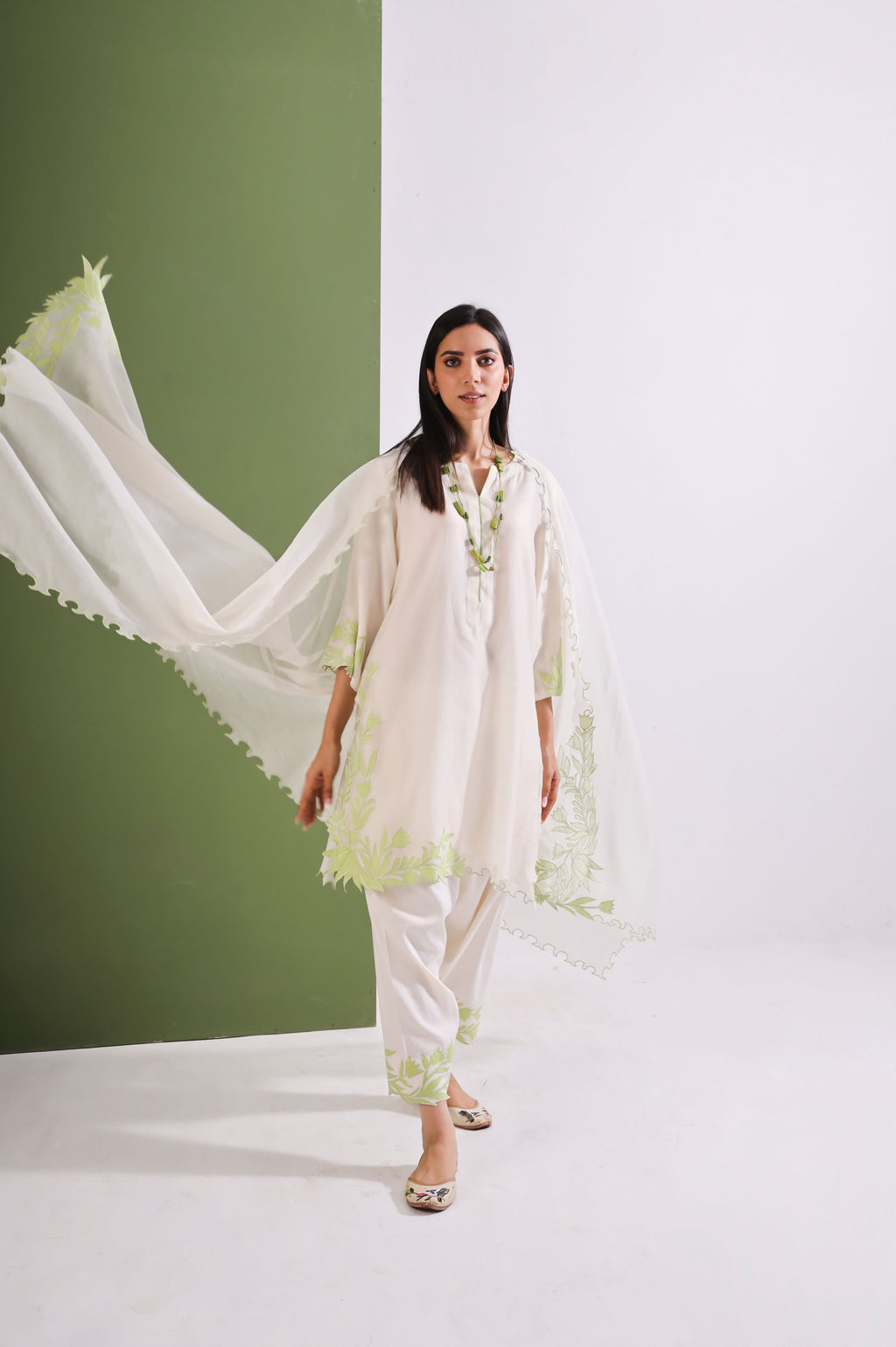 Off White Lime Chanderi Kurta Set