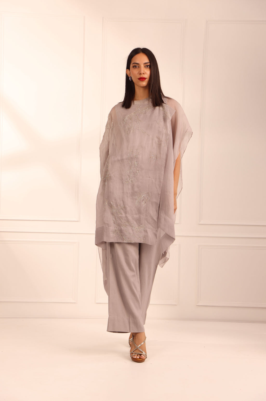 Mauve Grey Organza Cape Set