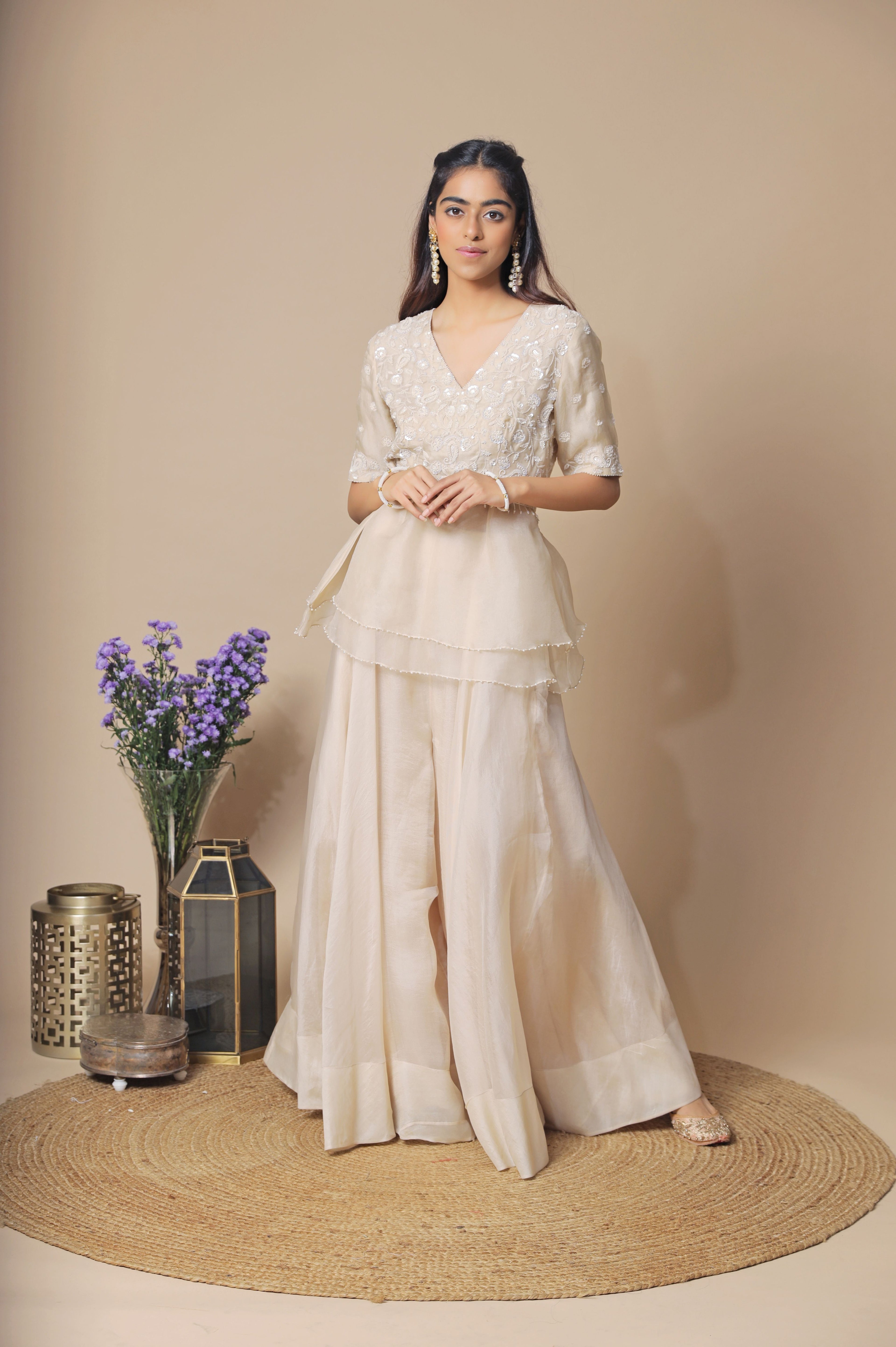 Beige Off White Organza Sharara Set