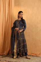 Navy Blue Block Print Anarkali Set