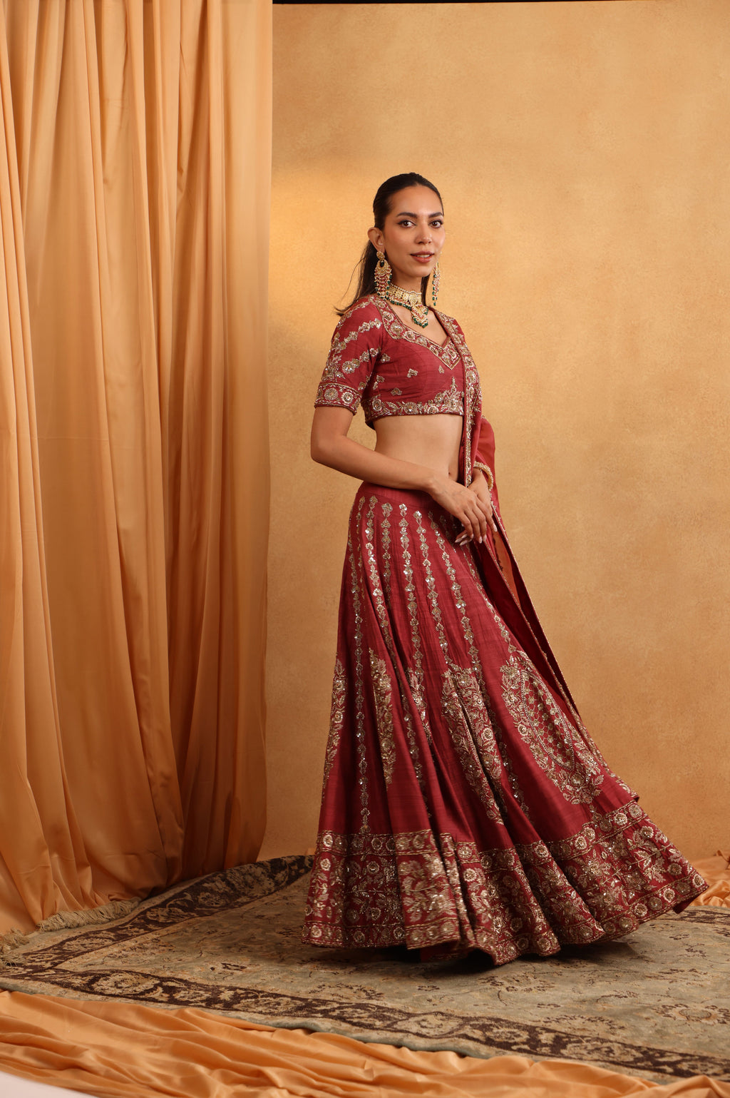 Rust Red Raw Silk Lehenga Set