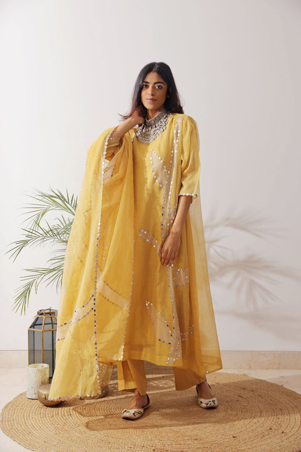 Yellow Beige Chanderi Kurta Set