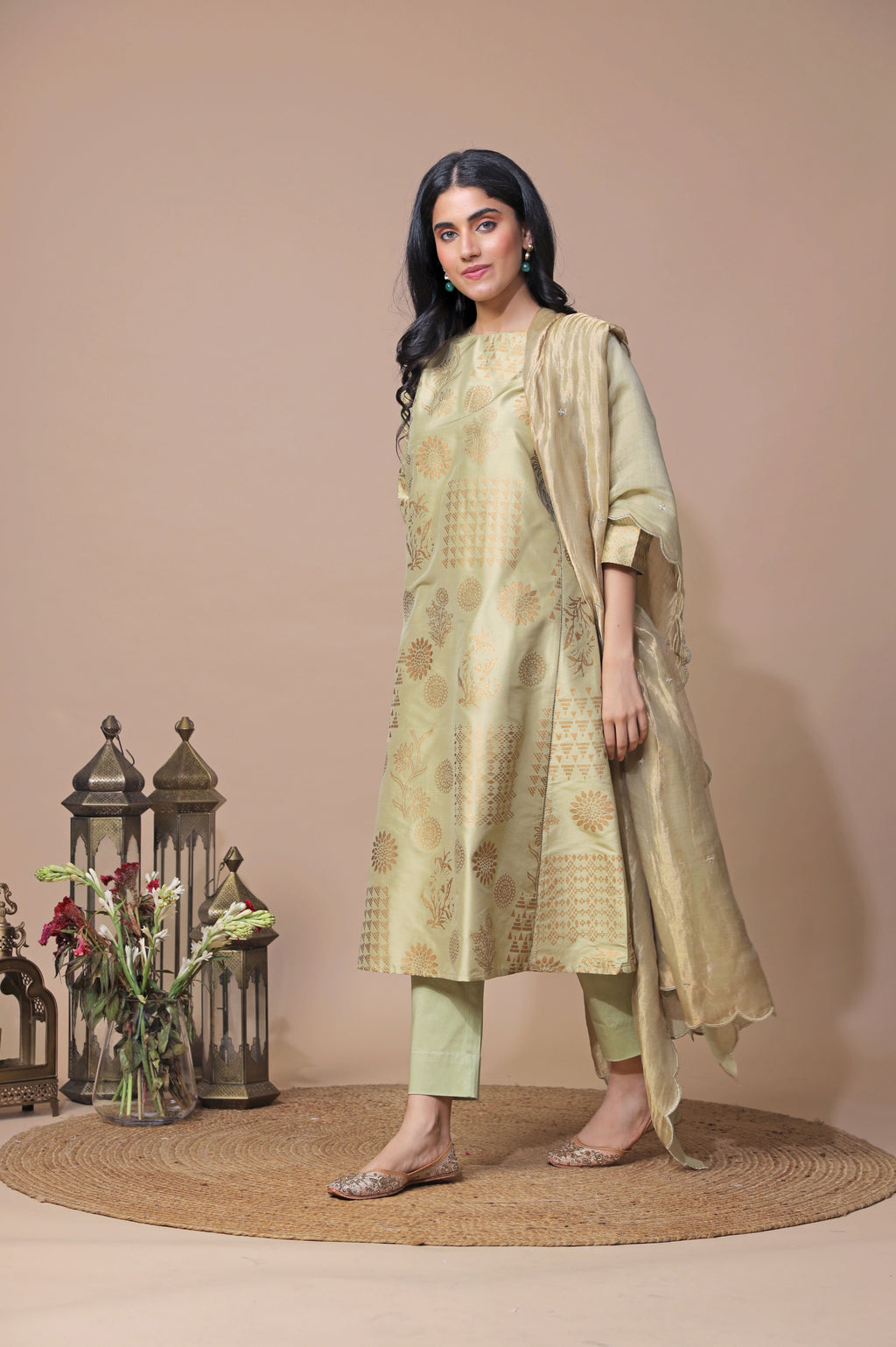 Pista Green Block Print Kurta Set